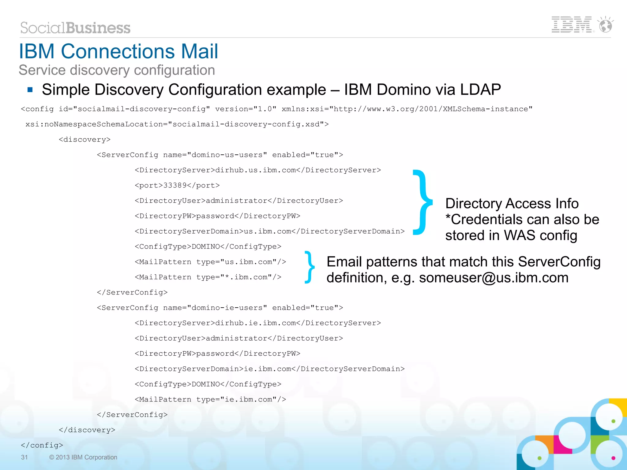 IBM Connections Mail
Service discovery configuration
    Simple Discovery Configuration example – IBM Domino via LDAP
<config id="socialmail-discovery-config" version="1.0" xmlns:xsi="http://www.w3.org/2001/XMLSchema-instance"
 xsi:noNamespaceSchemaLocation="socialmail-discovery-config.xsd">
        <discovery>
                     <ServerConfig name="domino-us-users" enabled="true">




                                                                                           }
                               <DirectoryServer>dirhub.us.ibm.com</DirectoryServer>
                               <port>33389</port>
                               <DirectoryUser>administrator</DirectoryUser>
                                                                                               Directory Access Info
                               <DirectoryPW>password</DirectoryPW>
                                                                                               *Credentials can also be
                               <DirectoryServerDomain>us.ibm.com</DirectoryServerDomain>
                                                                                               stored in WAS config
                               <ConfigType>DOMINO</ConfigType>
                               <MailPattern type="us.ibm.com"/>
                               <MailPattern type="*.ibm.com"/>       }   Email patterns that match this ServerConfig
                                                                         definition, e.g. someuser@us.ibm.com
                     </ServerConfig>
                     <ServerConfig name="domino-ie-users" enabled="true">
                               <DirectoryServer>dirhub.ie.ibm.com</DirectoryServer>
                               <DirectoryUser>administrator</DirectoryUser>
                               <DirectoryPW>password</DirectoryPW>
                               <DirectoryServerDomain>ie.ibm.com</DirectoryServerDomain>
                               <ConfigType>DOMINO</ConfigType>
                               <MailPattern type="ie.ibm.com"/>
                     </ServerConfig>
        </discovery>
</config>
31    © 2013 IBM Corporation
 