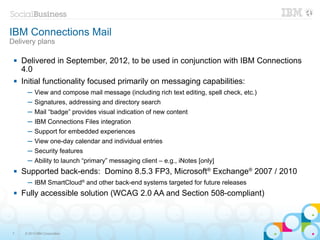 IBM Connections Mail
Delivery plans

    Delivered in September, 2012, to be used in conjunction with IBM Connections
     4.0
    Initial functionality focused primarily on messaging capabilities:
       ─ View and compose mail message (including rich text editing, spell check, etc.)
       ─ Signatures, addressing and directory search
       ─ Mail “badge” provides visual indication of new content
       ─ IBM Connections Files integration
       ─ Support for embedded experiences
       ─ View one-day calendar and individual entries
       ─ Security features
       ─ Ability to launch “primary” messaging client – e.g., iNotes [only]
    Supported back-ends: Domino 8.5.3 FP3, Microsoft® Exchange® 2007 / 2010
       ─ IBM SmartCloud® and other back-end systems targeted for future releases
    Fully accessible solution (WCAG 2.0 AA and Section 508-compliant)



7     © 2013 IBM Corporation
 