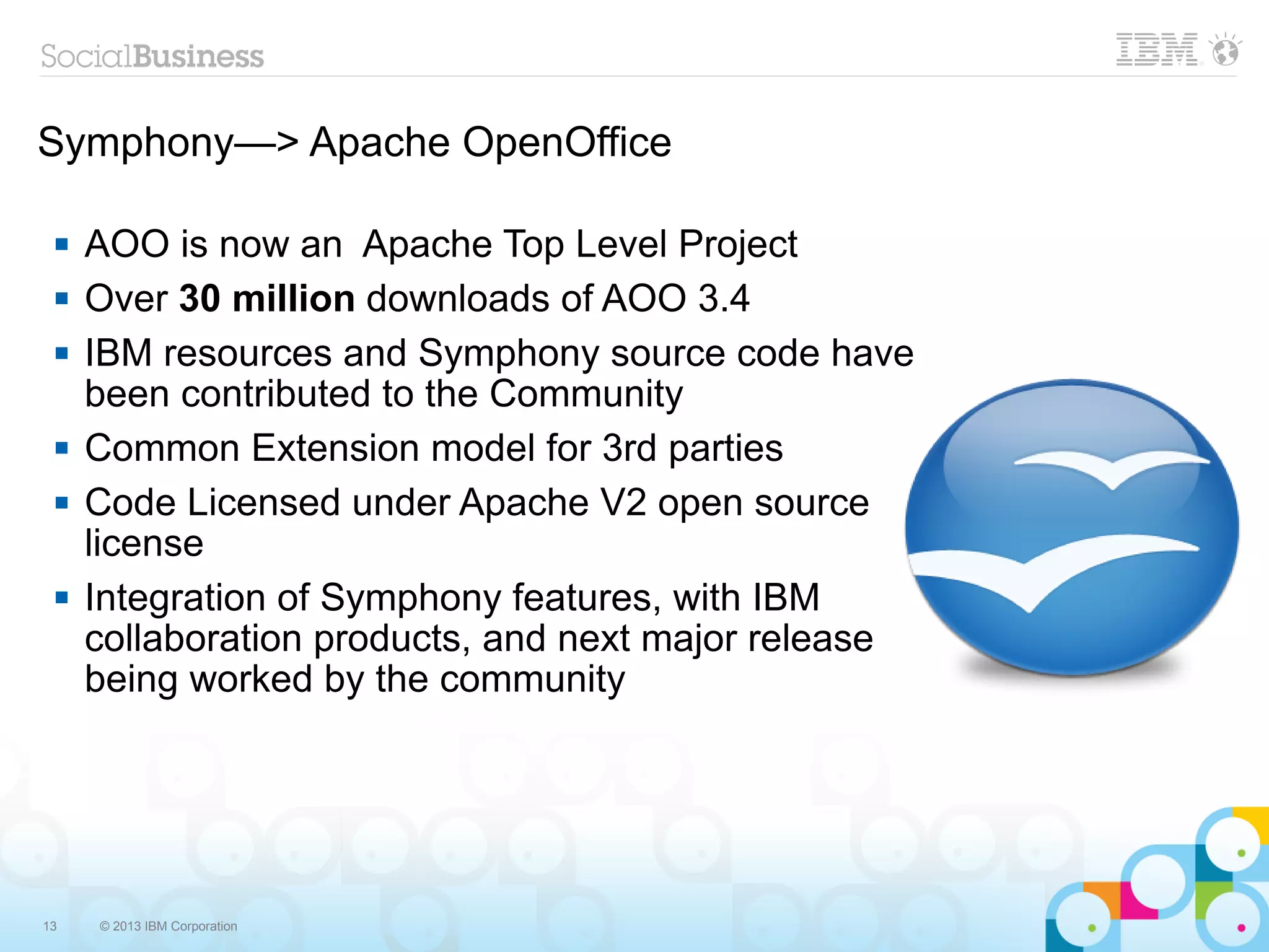 Symphony—> Apache OpenOffice

    AOO is now an Apache Top Level Project
    Over 30 million downloads of AOO 3.4
    IBM resources and Symphony source code have
     been contributed to the Community
    Common Extension model for 3rd parties
    Code Licensed under Apache V2 open source
     license
    Integration of Symphony features, with IBM
     collaboration products, and next major release
     being worked by the community




13   © 2013 IBM Corporation
 
