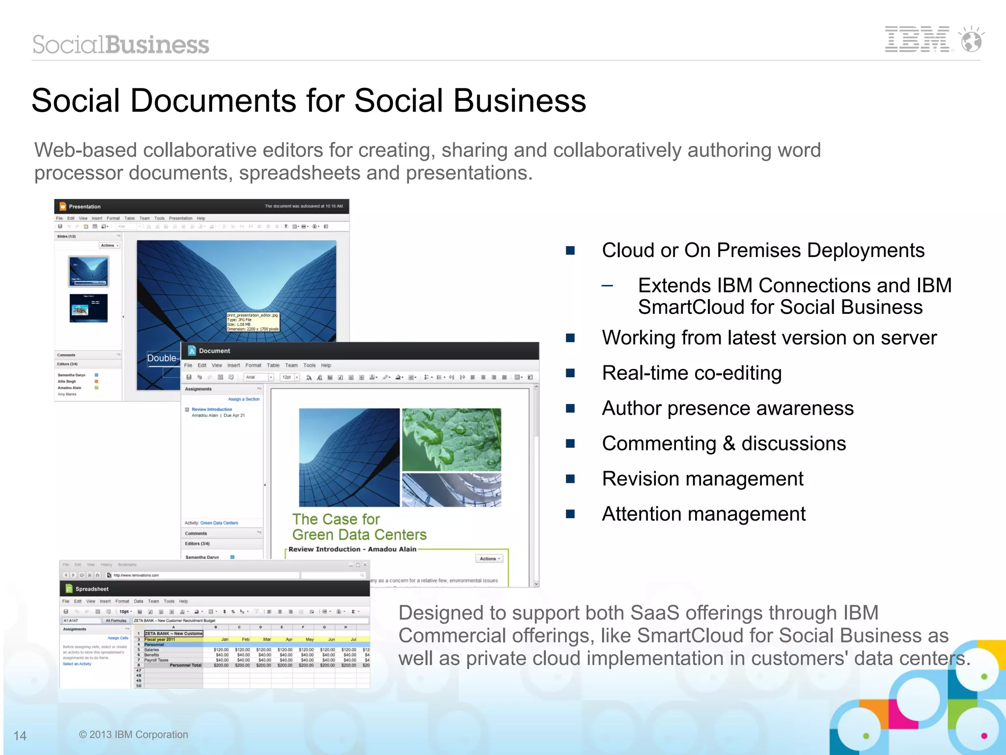 Social Documents for Social Business
     Web-based collaborative editors for creating, sharing and collaboratively authoring word
     processor documents, spreadsheets and presentations.


                                                                   Cloud or On Premises Deployments
                                                                    ─   Extends IBM Connections and IBM
                                                                        SmartCloud for Social Business
                                                                   Working from latest version on server
                                                                   Real-time co-editing
                                                                   Author presence awareness
                                                                   Commenting & discussions
                                                                   Revision management
                                                                   Attention management



                                             Designed to support both SaaS offerings through IBM
                                             Commercial offerings, like SmartCloud for Social Business as
                                             well as private cloud implementation in customers' data centers.


14        © 2013 IBM Corporation
 