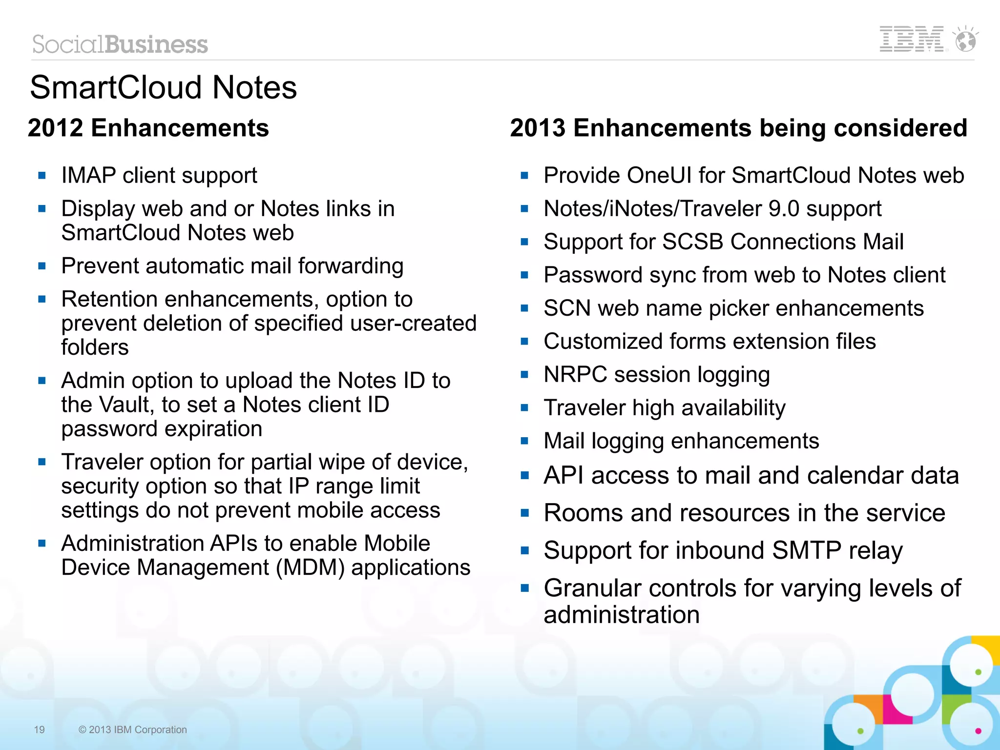 SmartCloud Notes
2012 Enhancements                                  2013 Enhancements being considered
    IMAP client support                              Provide OneUI for SmartCloud Notes web
    Display web and or Notes links in                Notes/iNotes/Traveler 9.0 support
     SmartCloud Notes web                             Support for SCSB Connections Mail
    Prevent automatic mail forwarding                Password sync from web to Notes client
    Retention enhancements, option to                SCN web name picker enhancements
     prevent deletion of specified user-created
     folders                                          Customized forms extension files
    Admin option to upload the Notes ID to           NRPC session logging
     the Vault, to set a Notes client ID              Traveler high availability
     password expiration                              Mail logging enhancements
    Traveler option for partial wipe of device,
     security option so that IP range limit
                                                      API access to mail and calendar data
     settings do not prevent mobile access            Rooms and resources in the service
    Administration APIs to enable Mobile             Support for inbound SMTP relay
     Device Management (MDM) applications
                                                      Granular controls for varying levels of
                                                       administration



19    © 2013 IBM Corporation
 