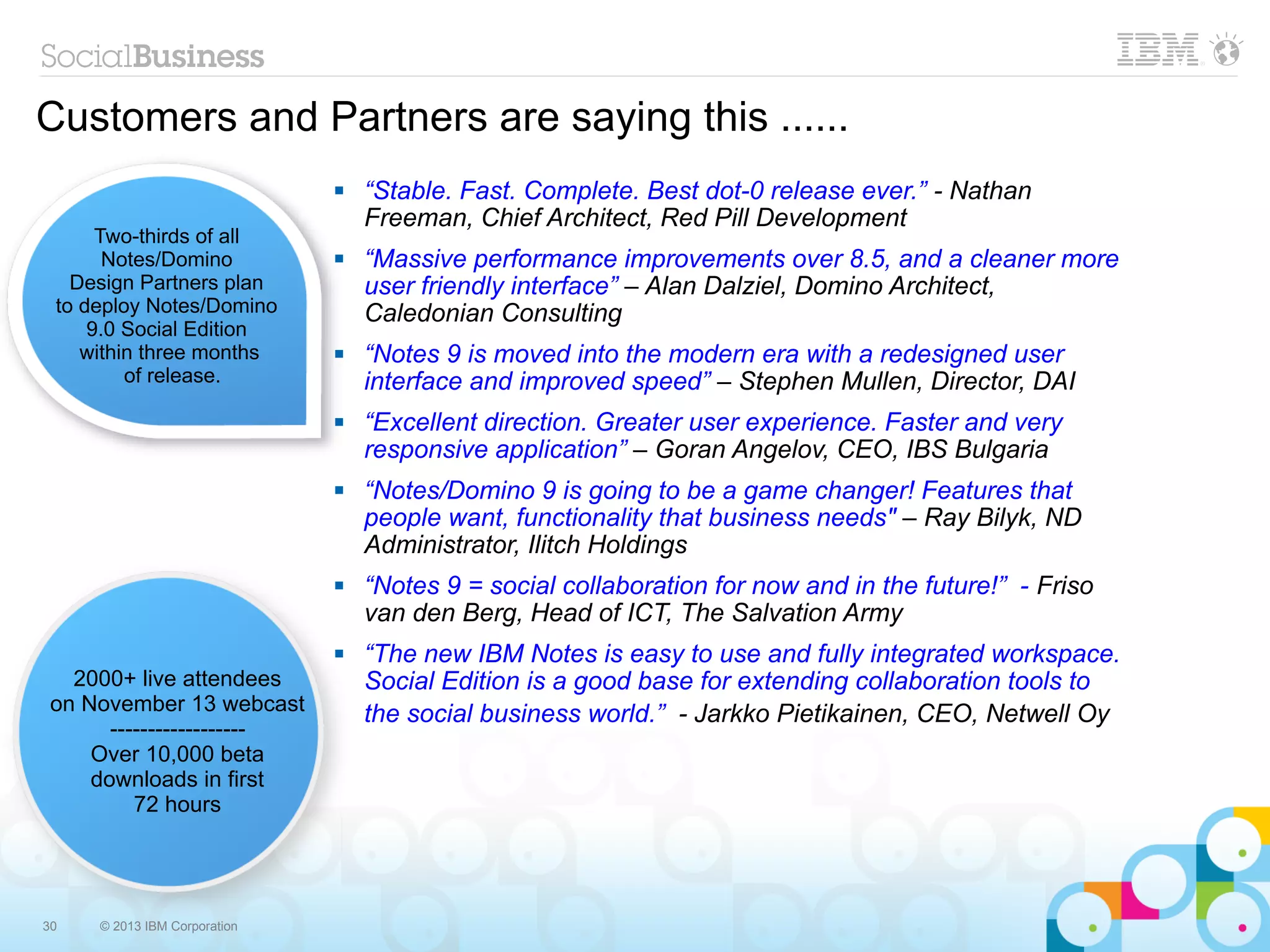 Customers and Partners are saying this ......
                                 “Stable. Fast. Complete. Best dot-0 release ever.” - Nathan
                                  Freeman, Chief Architect, Red Pill Development
      Two-thirds of all
       Notes/Domino              “Massive performance improvements over 8.5, and a cleaner more
   Design Partners plan           user friendly interface” – Alan Dalziel, Domino Architect,
 to deploy Notes/Domino           Caledonian Consulting
     9.0 Social Edition
    within three months          “Notes 9 is moved into the modern era with a redesigned user
         of release.              interface and improved speed” – Stephen Mullen, Director, DAI
                                 “Excellent direction. Greater user experience. Faster and very
                                  responsive application” – Goran Angelov, CEO, IBS Bulgaria
                                 “Notes/Domino 9 is going to be a game changer! Features that
                                  people want, functionality that business needs" – Ray Bilyk, ND
                                  Administrator, Ilitch Holdings
                                 “Notes 9 = social collaboration for now and in the future!” - Friso
                                  van den Berg, Head of ICT, The Salvation Army
                                 “The new IBM Notes is easy to use and fully integrated workspace.
   2000+ live attendees           Social Edition is a good base for extending collaboration tools to
 on November 13 webcast           the social business world.” - Jarkko Pietikainen, CEO, Netwell Oy
       ------------------
     Over 10,000 beta
     downloads in first
          72 hours




30   © 2013 IBM Corporation
 