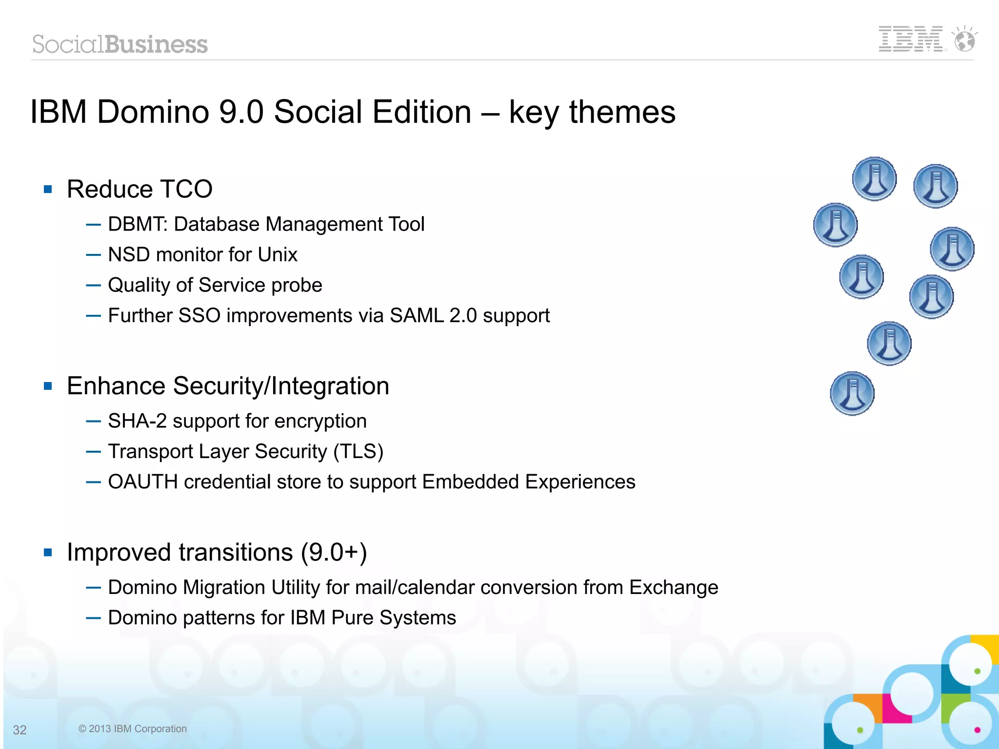 IBM Domino 9.0 Social Edition – key themes

        Reduce TCO
           ─ DBMT: Database Management Tool
           ─ NSD monitor for Unix
           ─ Quality of Service probe
           ─ Further SSO improvements via SAML 2.0 support


        Enhance Security/Integration
           ─ SHA-2 support for encryption
           ─ Transport Layer Security (TLS)
           ─ OAUTH credential store to support Embedded Experiences


        Improved transitions (9.0+)
           ─ Domino Migration Utility for mail/calendar conversion from Exchange
           ─ Domino patterns for IBM Pure Systems




32        © 2013 IBM Corporation
 