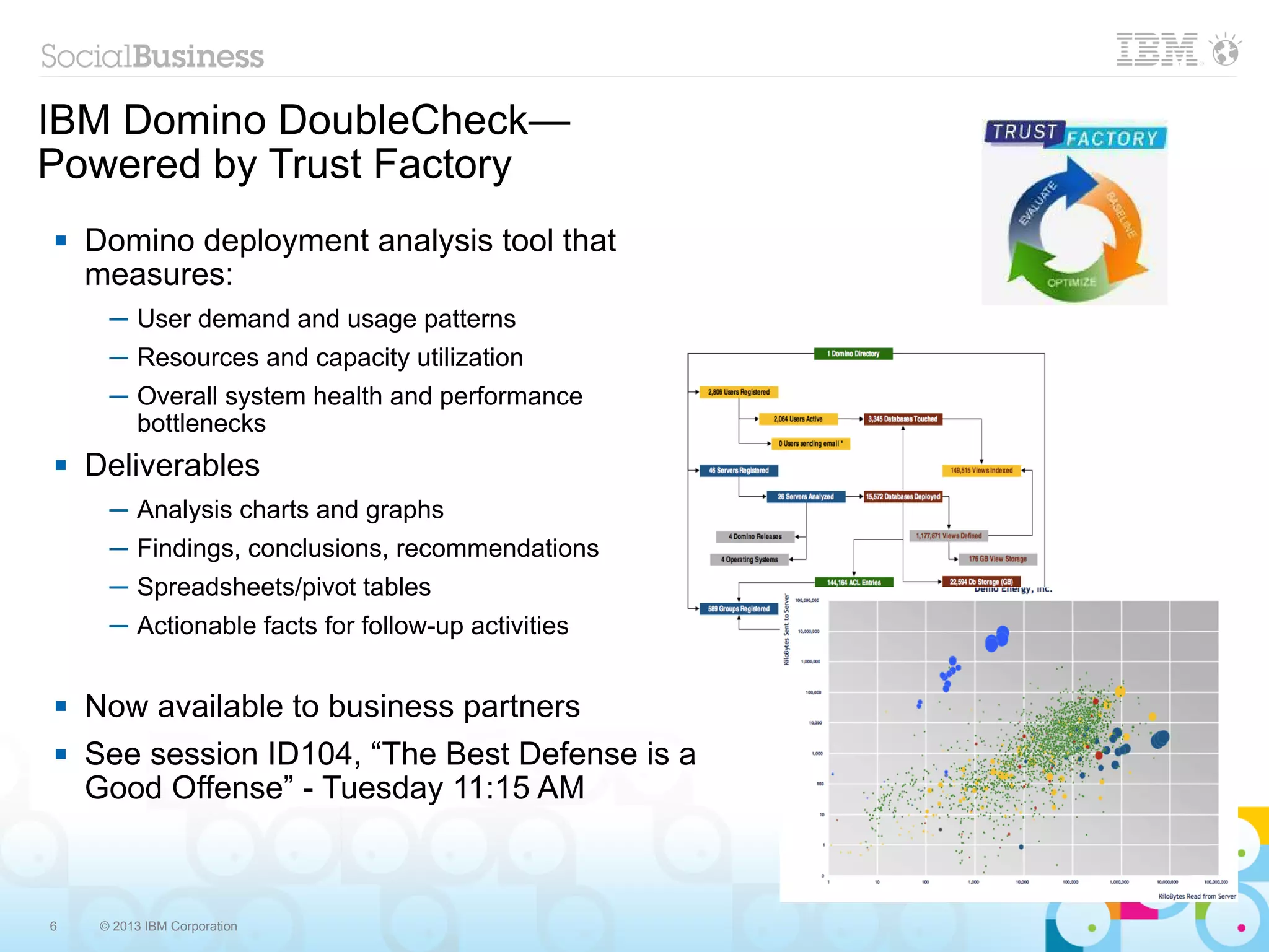 IBM Domino DoubleCheck—
Powered by Trust Factory
   Domino deployment analysis tool that
    measures:
      ─ User demand and usage patterns
      ─ Resources and capacity utilization
      ─ Overall system health and performance
        bottlenecks
   Deliverables
      ─ Analysis charts and graphs
      ─ Findings, conclusions, recommendations
      ─ Spreadsheets/pivot tables
      ─ Actionable facts for follow-up activities


   Now available to business partners
   See session ID104, “The Best Defense is a
    Good Offense” - Tuesday 11:15 AM



6    © 2013 IBM Corporation
 