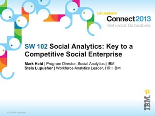 SW 102 Social Analytics: Key to a
                    Competitive Social Enterprise
                    Mark Heid | Program Director, Social Analytics | IBM
                    Stela Lupushor | Workforce Analytics Leader, HR | IBM




© 2013 IBM Corporation
 