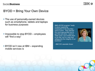 BYOD = Bring Your Own Device

 The use of personally-owned devices
  such as smartphone, tablets and laptops
  for business purposes                     IBM's BYOD program "really
                                            is about supporting
                                            employees in the way they
                                            want to work. They will find
                                            the most appropriate tool to
 Impossible to stop BYOD – employees       get their job done. I want to
                                            make sure I can enable them
  will “find a way”                         to do that, but in a way that
                                            safeguards the integrity of our
                                            business.“

                                            - IBM CIO Jeanette Horan
 BYOD isn’t new at IBM – expanding
  mobile services is




5
 