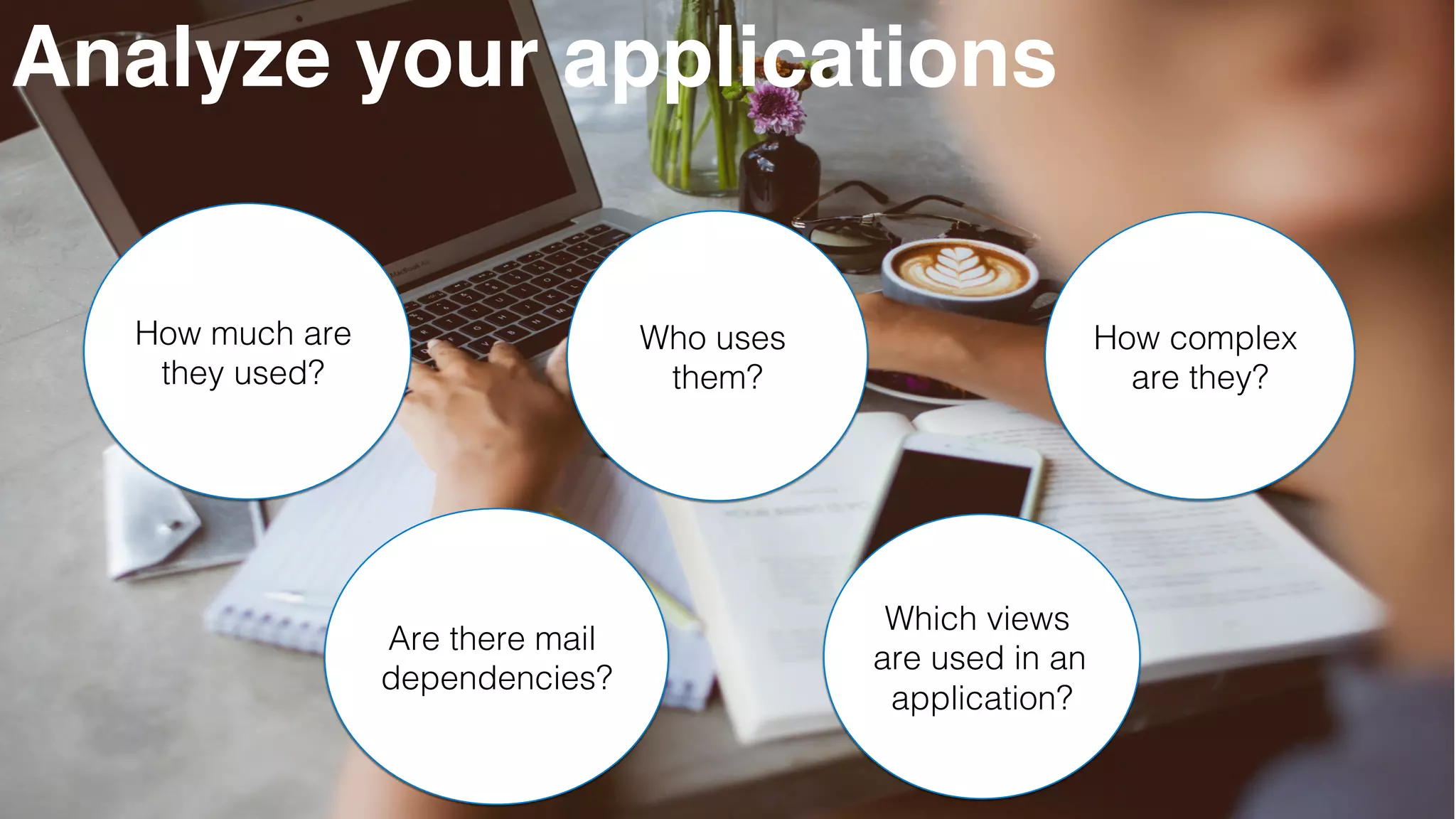 Analyze your applications
How much are
they used? !
Who uses
them?!
How complex
are they?!
Are there mail
dependencies?!
Which views
are used in an
application?!
 