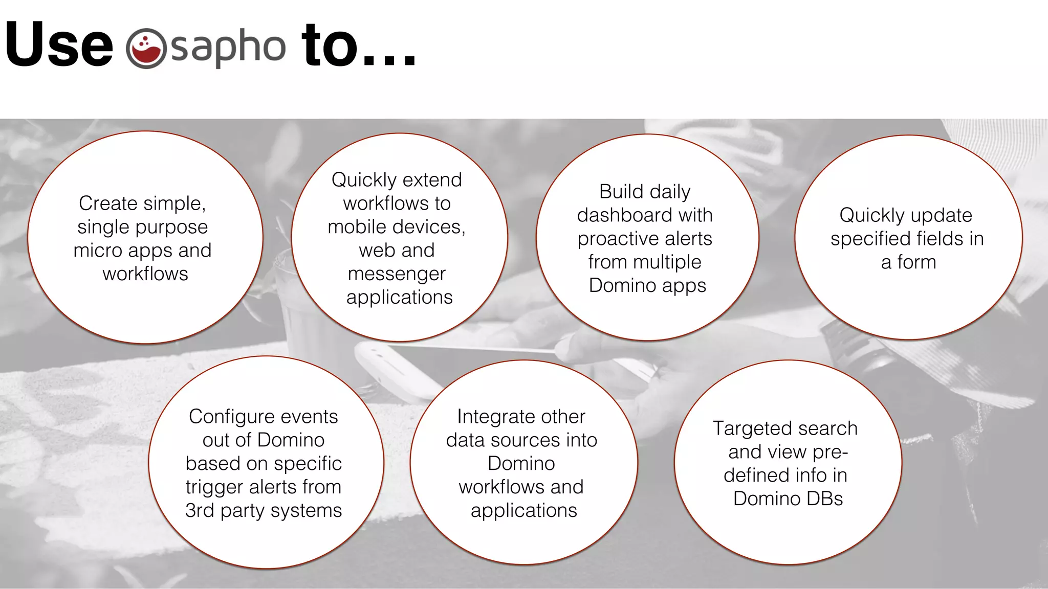 Use to…
Create simple,
single purpose
micro apps and
workﬂows!
Quickly extend
workﬂows to
mobile devices,
web and
messenger
applications!
Build daily
dashboard with
proactive alerts
from multiple
Domino apps!
Conﬁgure events
out of Domino
based on speciﬁc
trigger alerts from
3rd party systems !
Integrate other
data sources into
Domino
workﬂows and
applications!
Quickly update
speciﬁed ﬁelds in
a form!
Targeted search
and view pre-
deﬁned info in
Domino DBs!
 