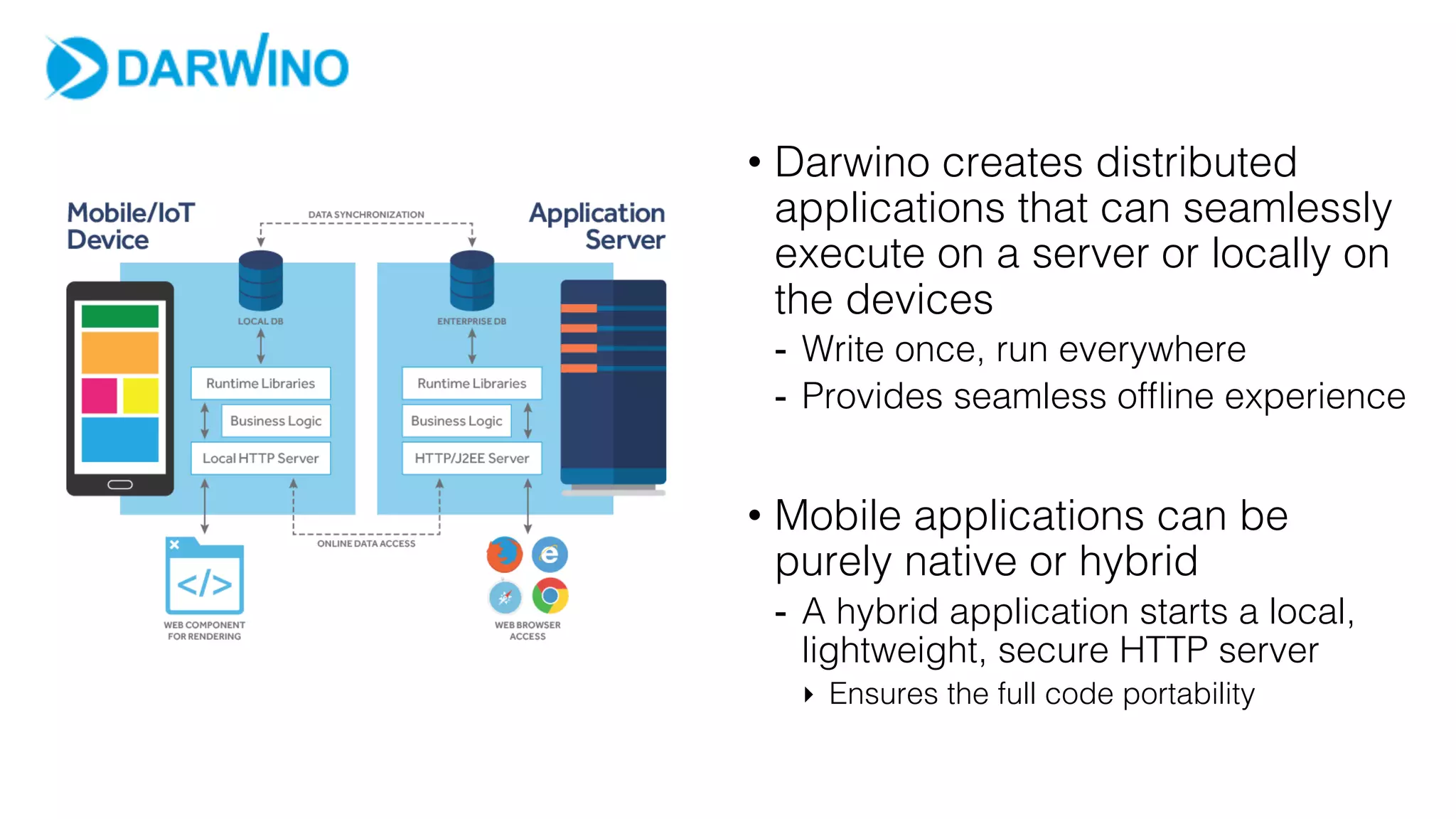 •  Darwino creates distributed
applications that can seamlessly
execute on a server or locally on
the devices!
-  Write once, run everywhere!
-  Provides seamless ofﬂine experience!
•  Mobile applications can be
purely native or hybrid!
-  A hybrid application starts a local,
lightweight, secure HTTP server!
‣  Ensures the full code portability!
 