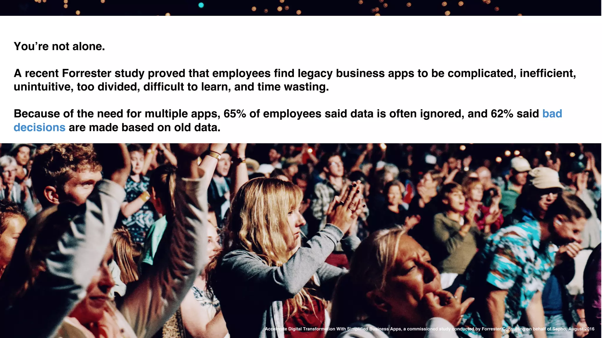 You’re not alone.
A recent Forrester study proved that employees ﬁnd legacy business apps to be complicated, inefﬁcient,
unintuitive, too divided, difﬁcult to learn, and time wasting.
Because of the need for multiple apps, 65% of employees said data is often ignored, and 62% said bad
decisions are made based on old data.
Accelerate Digital Transformation With Simpliﬁed Business Apps, a commissioned study conducted by Forrester Consulting on behalf of Sapho, August 2016
 