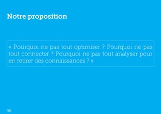 Notre proposition



« Pourquoi ne pas tout optimiser ? Pourquoi ne pas
tout connecter ? Pourquoi ne pas tout analyser pour
en retirer des connaissances ? »




36
 