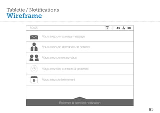 Tablette / Notifications
Wireframe
          10:45

                  Vous avez un nouveau message


                  Vous avez une demande de contact


                  Vous avez un rendez-vous


                  Vous avez des contacts à proximité


                  Vous avez un évènement




                              Refermer la barre de noti cation

                                                                 81
 