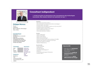 Questions :
                                          • Où trouver de nouveaux clients ?
Philippe Moreau                           • Où me maintenir au courant des dernières technologies ?
                                          • Comment gérer mon temps ?
45 ans                                    • Comment avoir une longueur d’avance sur mes concurrents ?
Célibataire                               • Comment ajuster mes priorités ?
BAC+5 Ingénieur informatique              • Quelles solutions proposer à mes clients ?
Paris, France                             • Suis-je suffisamment innovant ?
                                          • Avec quels partenaires travailler ?

                                          Ses buts
Caractéristiques
Ancien CIO
                                          • Rester indépendant
Voit IBM comme un concurrent              • Besoin d’innovation
Disponible                                • Besoin d’être informé
Expert dans son domaine                   • Besoin de partenaire Big IT
Connaissance des marchés                  • Avoir des contacts directs avec les vendeurs Pro (IBM)
Connaissance du prix des offres           • Apporter des solutions innovantes à ses clients
Fait de la veille technologique           • Besoins de contacts, de réseaux
Entretien ses réseaux                     • Besoins d’études de cas

                                          Ses mots clefs :
Technologies              Sites favoris   • Cloud computing
                                          • Partenaires IT
Web                       wired.com       • Sécurité données                                            •
PC                        itnews.com      • Innovation technologiques IT
Mobile                    zataz.com       • Réseau IT
Tablette                  pro.01net.com   • Evènements technologie d’information                        •
                          faz.net         • Solution PME IT
Equipement                Xing
Blackberry                LinkedIn
                                                                                                        •
iPad
Internet haut-débit
Environnement PC, Unix
Laptop


                                                                                                            35
 