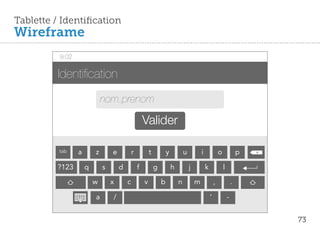 Tablette / Identification
Wireframe
          9:02


          Identi cation
                             nom.prenom

                                                     Valider

          tab    a       z       e           r           t           y           u           i               o               p

          ?123       q       s       d           f           g           h           j           k               l

                         w       x       c           v           b           n           m               ,               .

                         a       /                                                                   ‘               -


                                                                                                                                 73
 