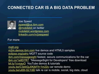 CONNECTED CAR IS A BIG DATA PROBLEM
Joe Speed
jspeed@us.ibm.com
@mobilebit on twitter
mobilebit.wordpress.com
linkedin.com/in/joespeed

For more:
mqtt.org
m2m.demos.ibm.com live demos and HTML5 samples
eclipse.org/paho MQTT source code
ibm.com/messagesight fastest, secure communications for the car
ibm.co/1e8D7R7 “MessageSight for Developers” free download
bit.ly/1cvsauO YouTube demos & tutorials
youtu.be/C3ebGjJ0KjM?t=1m22s car remote demo
youtu.be/u69I-GLYd6I talk re car is mobile, social, big data, cloud

 