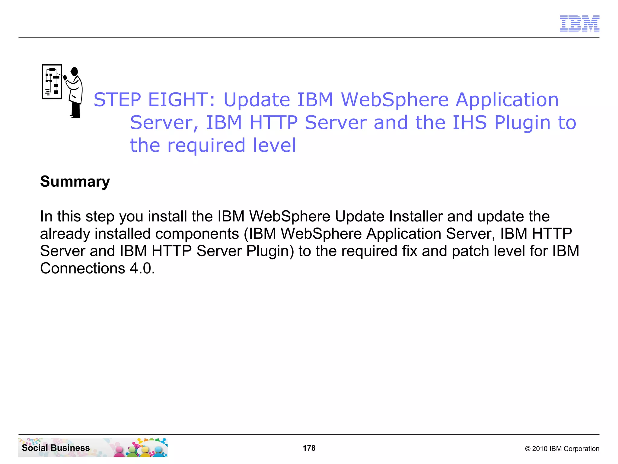 STEP EIGHT: Update IBM WebSphere Application
                     Server, IBM HTTP Server and the IHS Plugin to
                     the required level
   Summary

   In this step you install the IBM WebSphere Update Installer and update the
   already installed components (IBM WebSphere Application Server, IBM HTTP
   Server and IBM HTTP Server Plugin) to the required fix and patch level for IBM
   Connections 4.0.




Social Business                         178                              © 2010 IBM Corporation
 