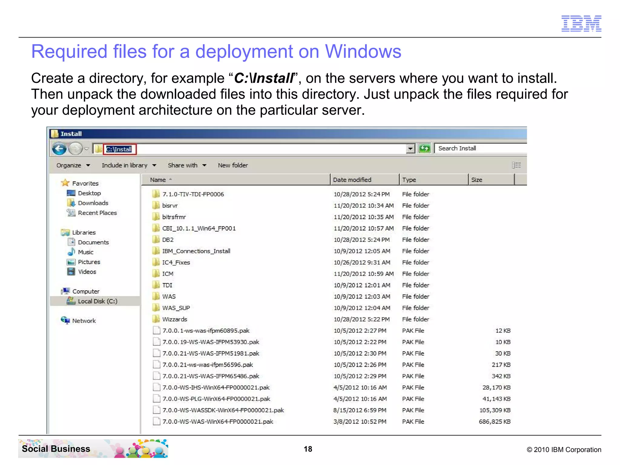 Required files for a deployment on Windows
  Create a directory, for example “C:Install”, on the servers where you want to install.
  Then unpack the downloaded files into this directory. Just unpack the files required for
  your deployment architecture on the particular server.




Social Business                               18                                   © 2010 IBM Corporation
 