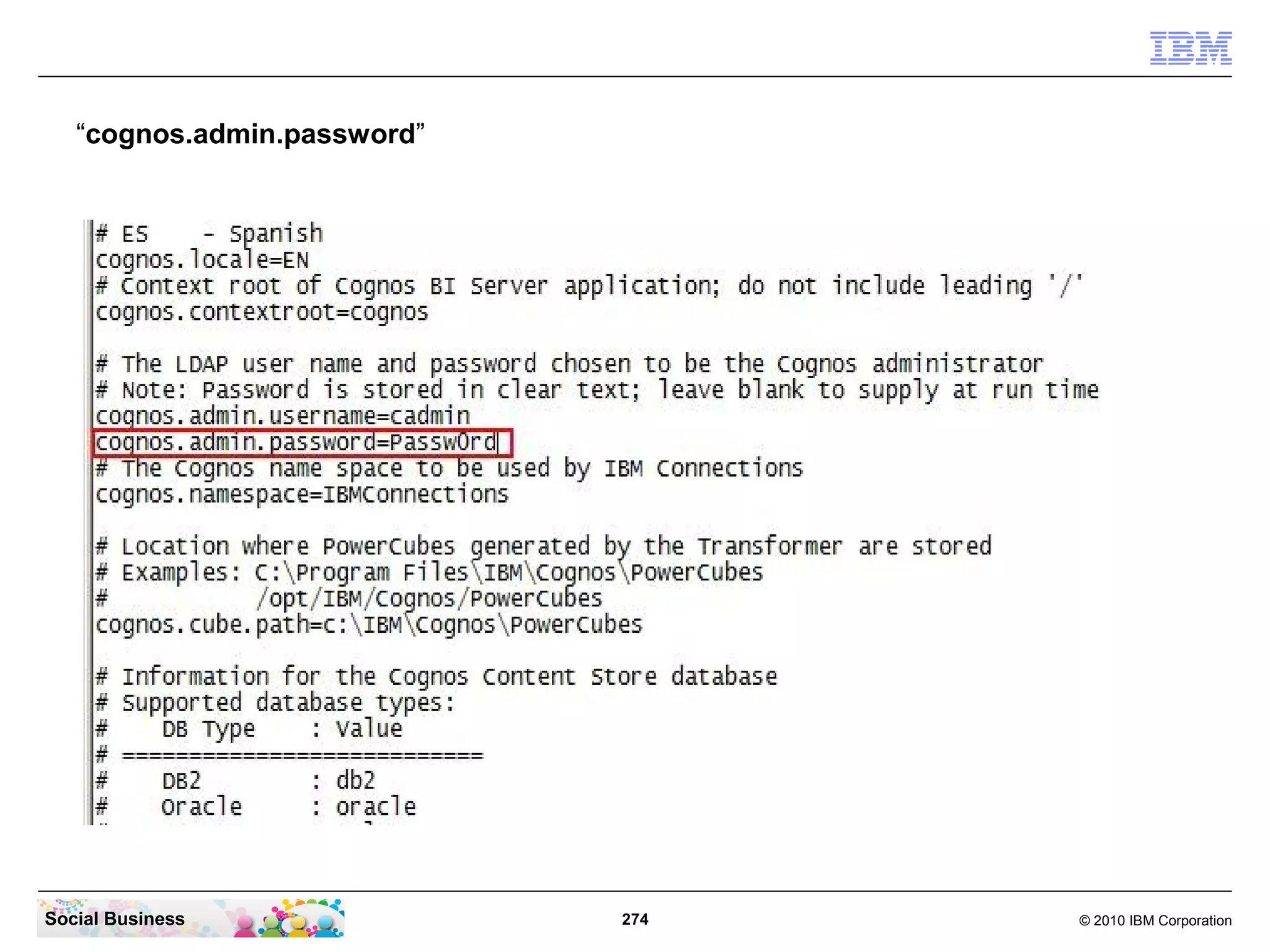 “cognos.admin.password”




Social Business              274   © 2010 IBM Corporation
 