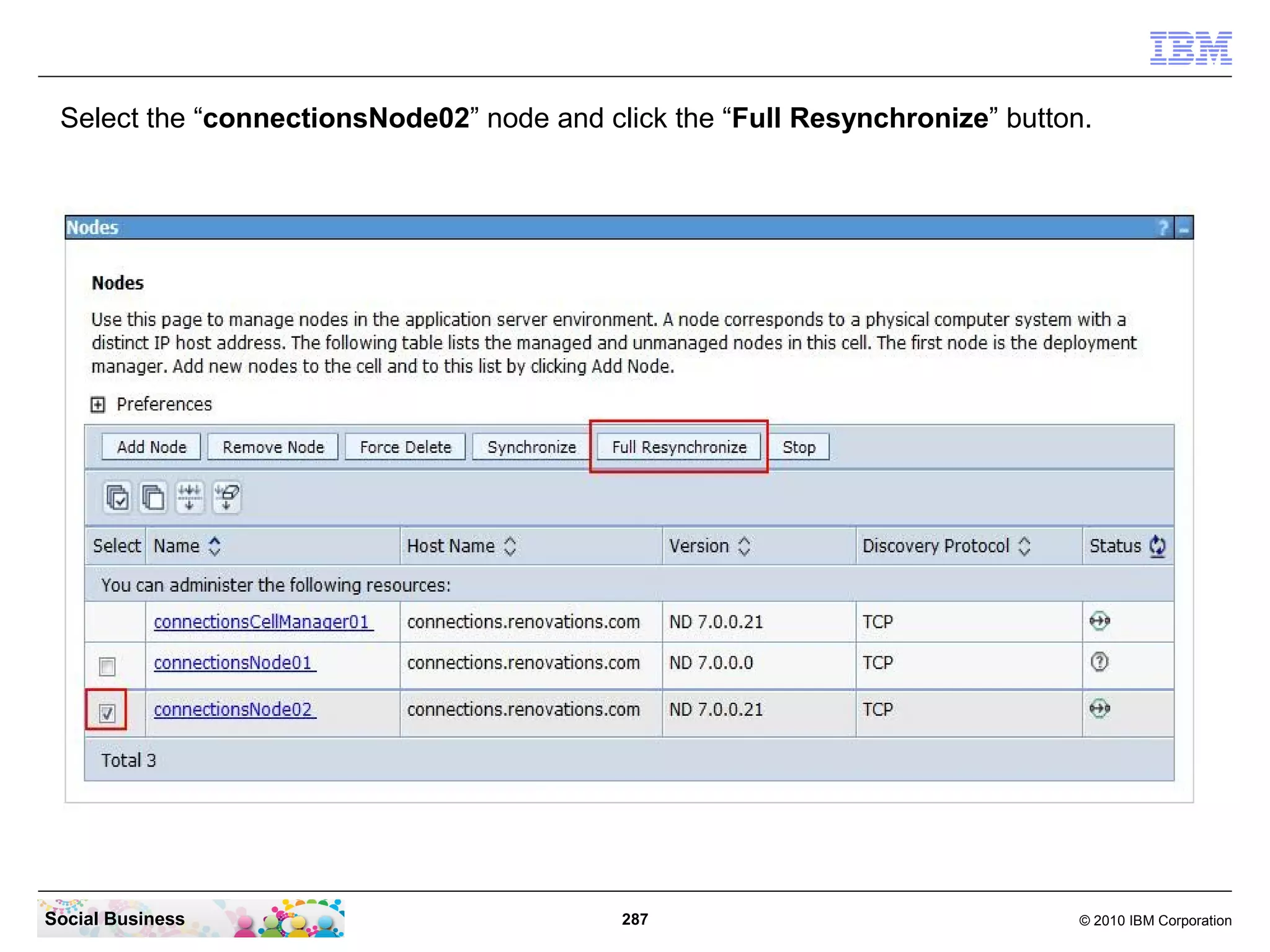 Select the “connectionsNode02” node and click the “Full Resynchronize” button.




Social Business                            287                                © 2010 IBM Corporation
 