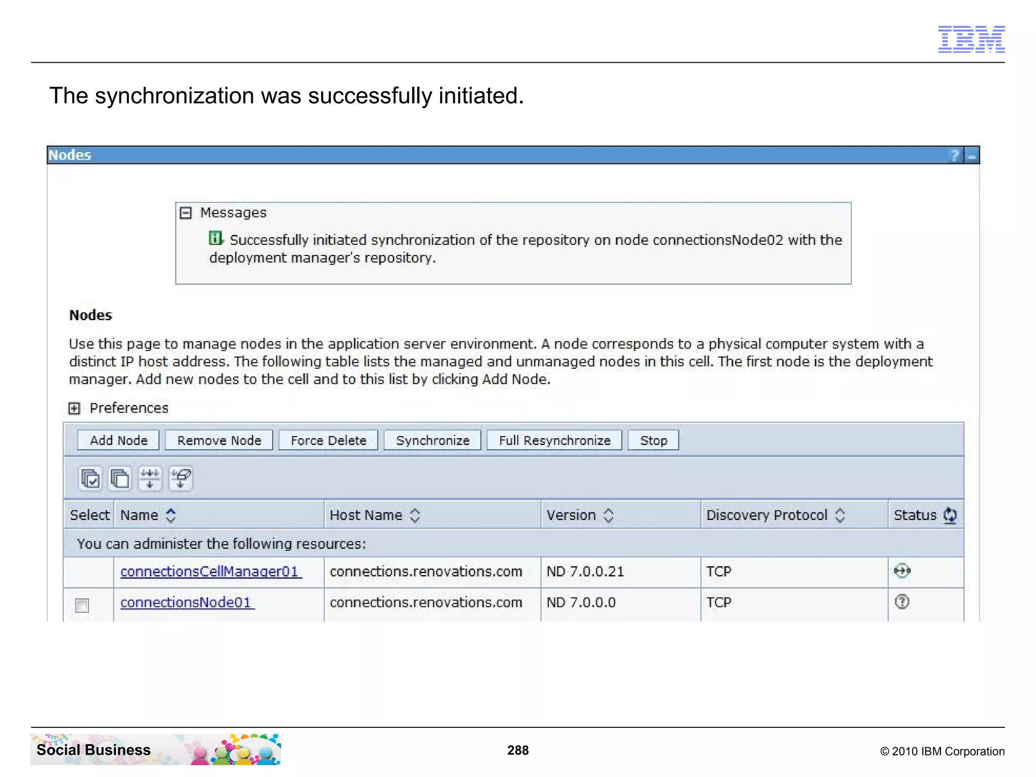The synchronization was successfully initiated.




Social Business                               288   © 2010 IBM Corporation
 