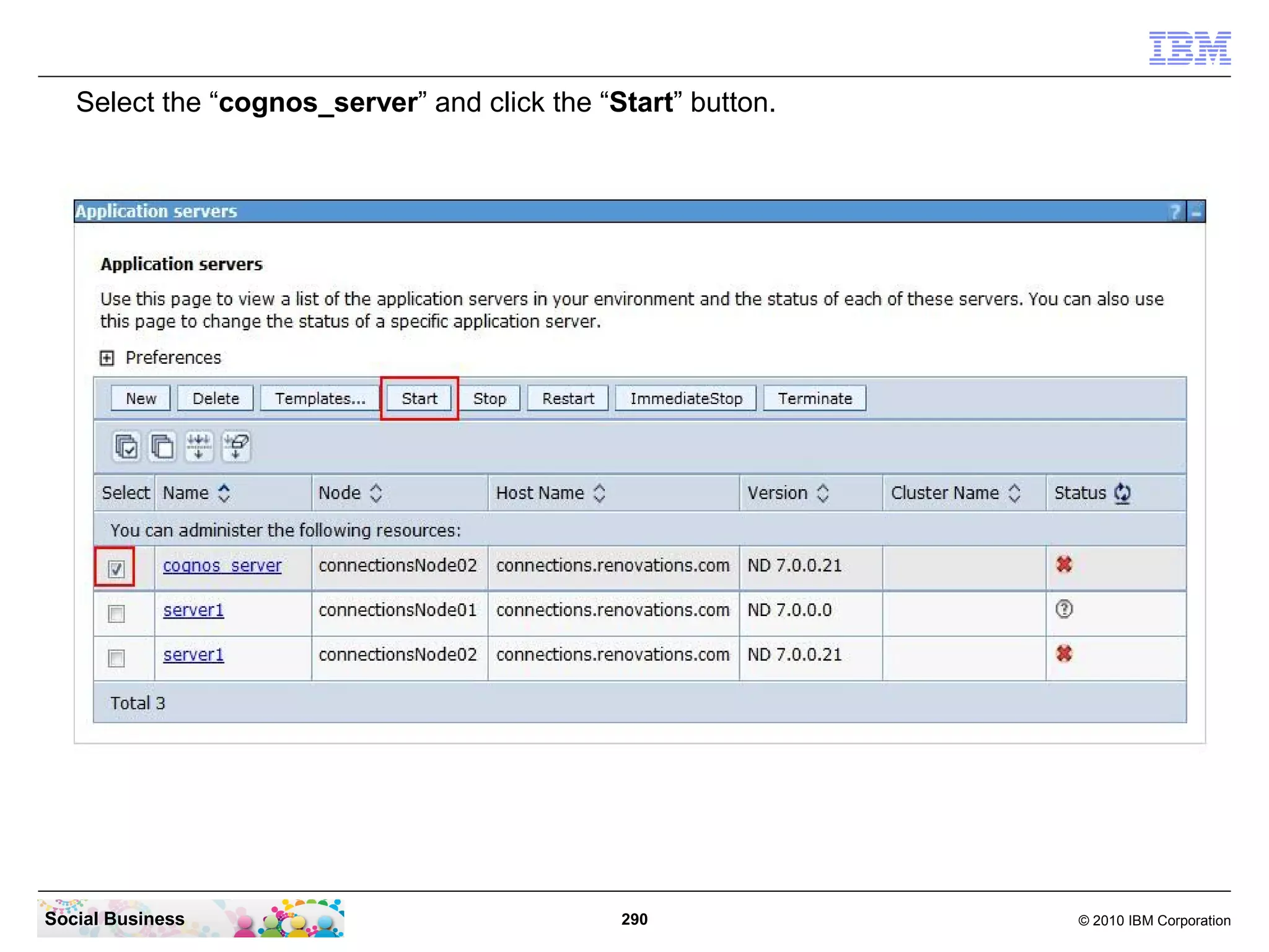 Select the “cognos_server” and click the “Start” button.




Social Business                               290             © 2010 IBM Corporation
 