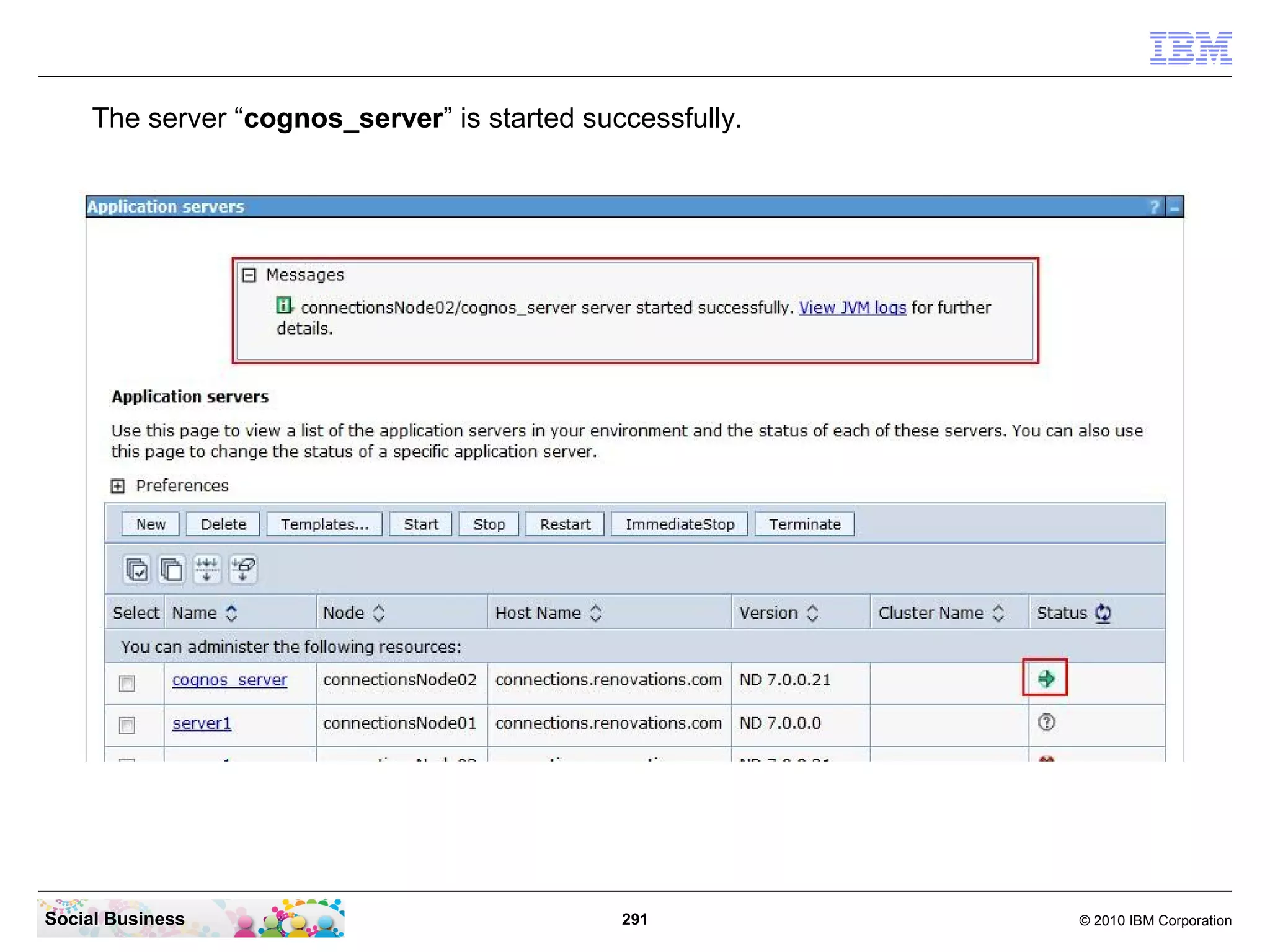 The server “cognos_server” is started successfully.




Social Business                               291          © 2010 IBM Corporation
 