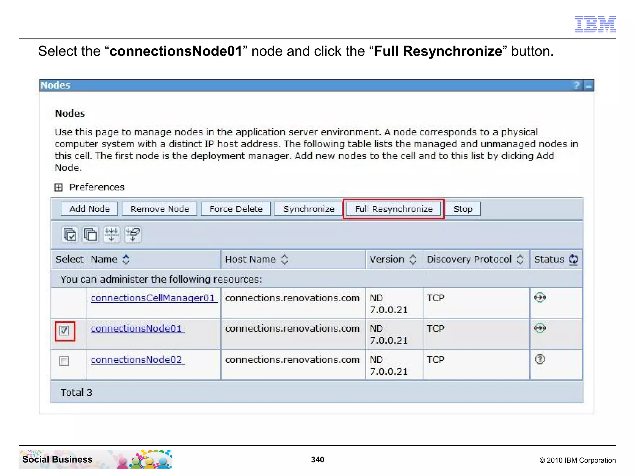 Select the “connectionsNode01” node and click the “Full Resynchronize” button.




Social Business                             340                               © 2010 IBM Corporation
 