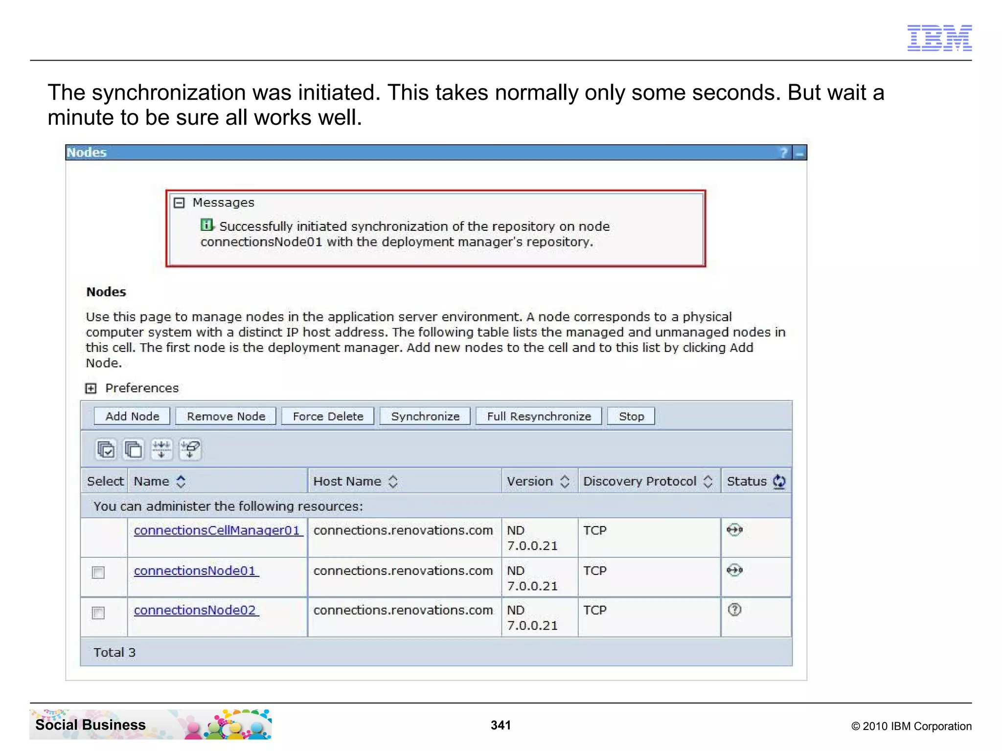 The synchronization was initiated. This takes normally only some seconds. But wait a
 minute to be sure all works well.




Social Business                              341                                 © 2010 IBM Corporation
 