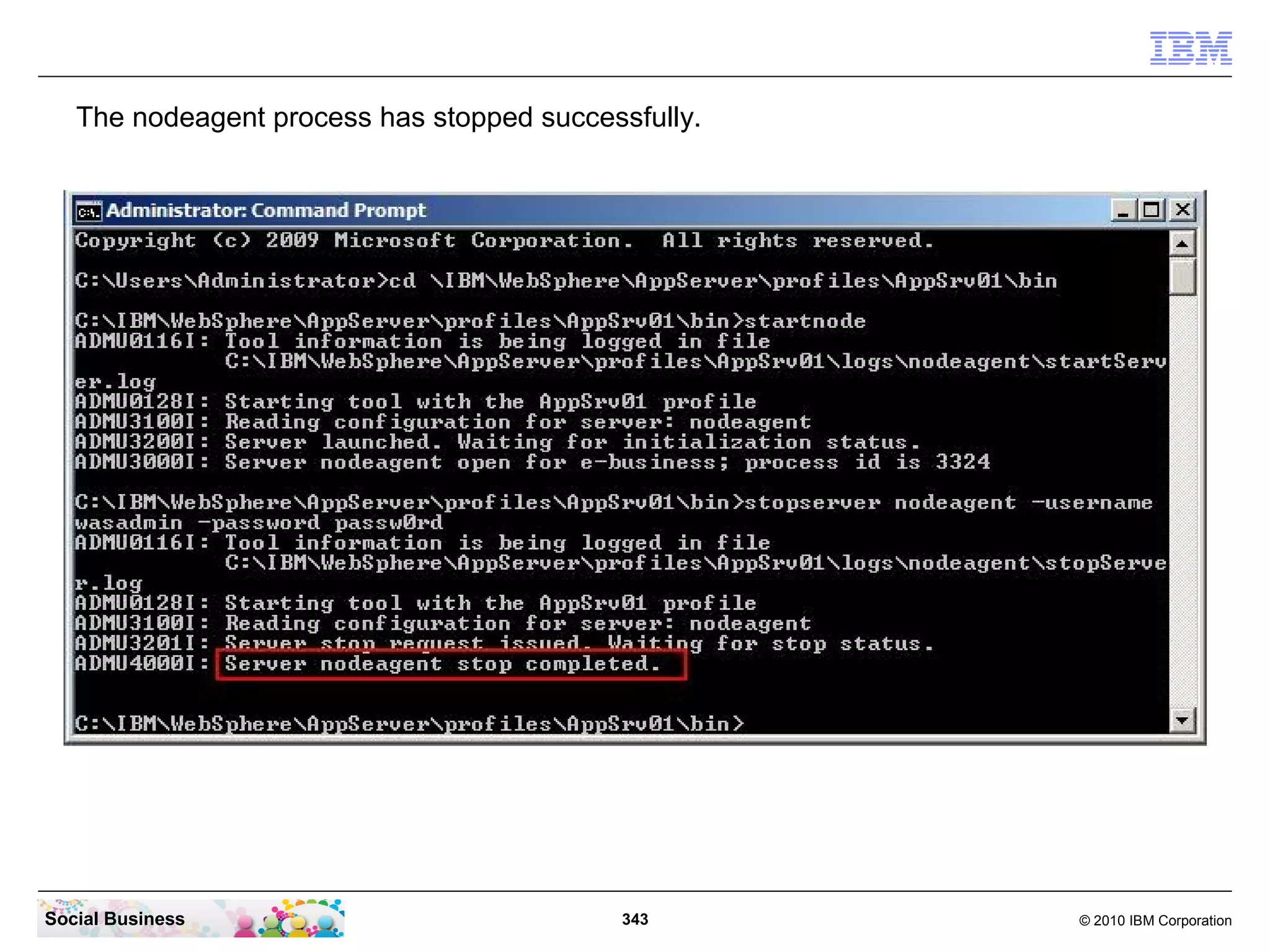 The nodeagent process has stopped successfully.




Social Business                             343      © 2010 IBM Corporation
 