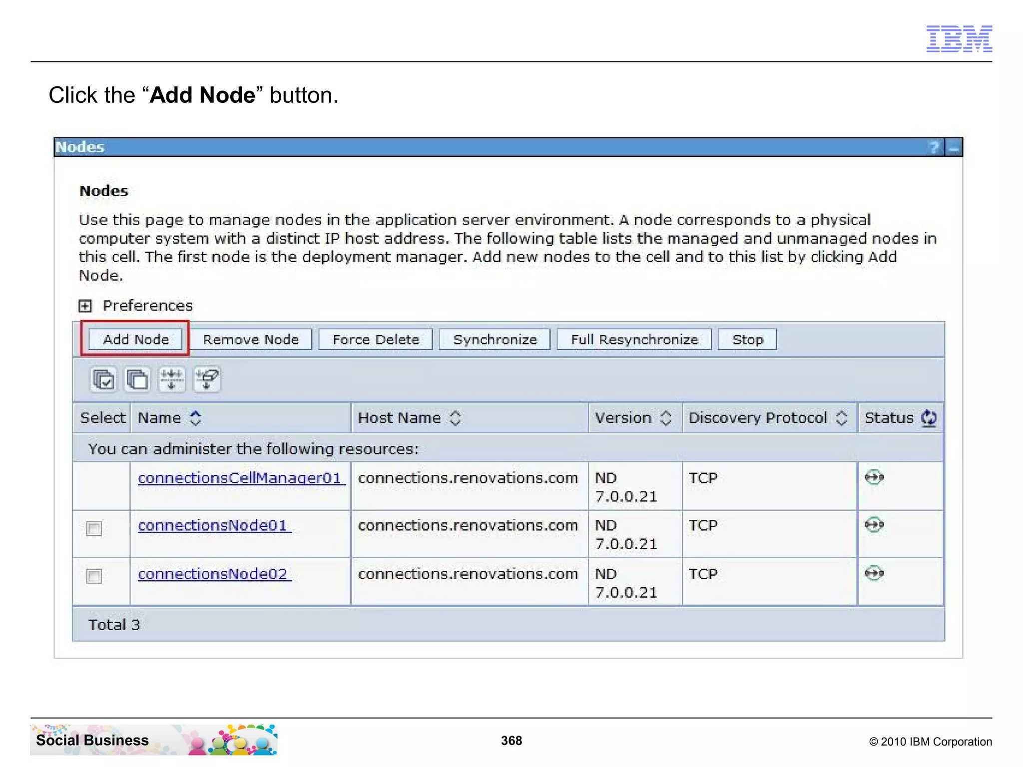 Click the “Add Node” button.




Social Business                 368   © 2010 IBM Corporation
 