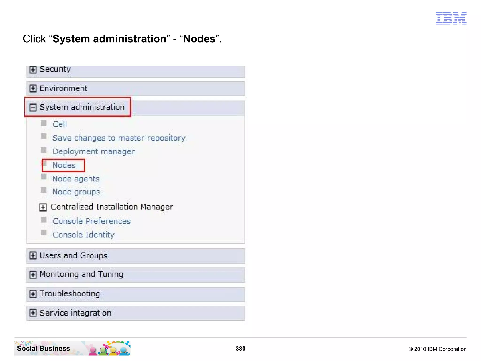 Click “System administration” - “Nodes”.




Social Business                             380   © 2010 IBM Corporation
 