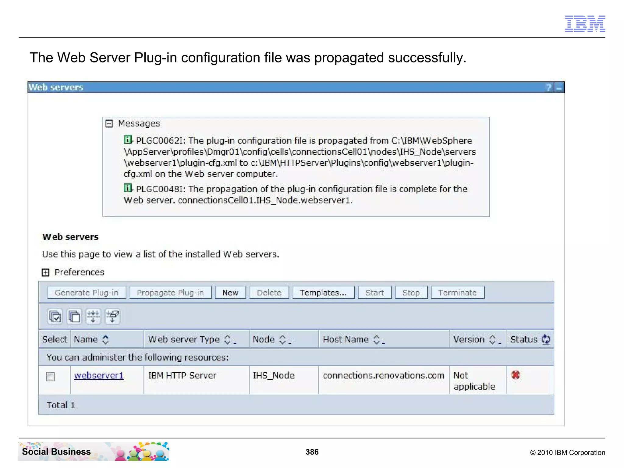 The Web Server Plug-in configuration file was propagated successfully.




Social Business                              386                          © 2010 IBM Corporation
 