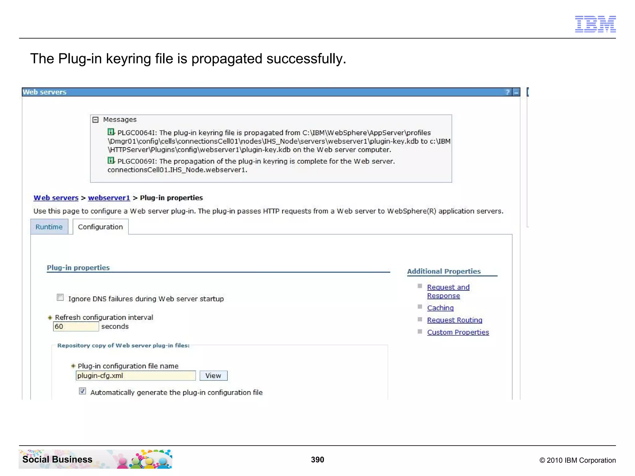 The Plug-in keyring file is propagated successfully.




Social Business                                390      © 2010 IBM Corporation
 