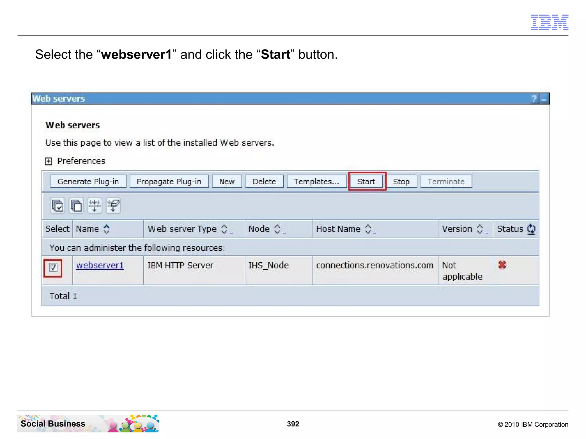 Select the “webserver1” and click the “Start” button.




Social Business                                392         © 2010 IBM Corporation
 