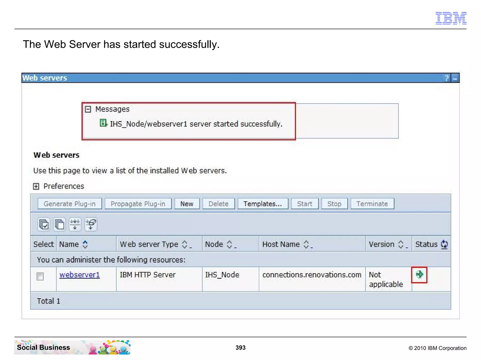 The Web Server has started successfully.




Social Business                             393   © 2010 IBM Corporation
 