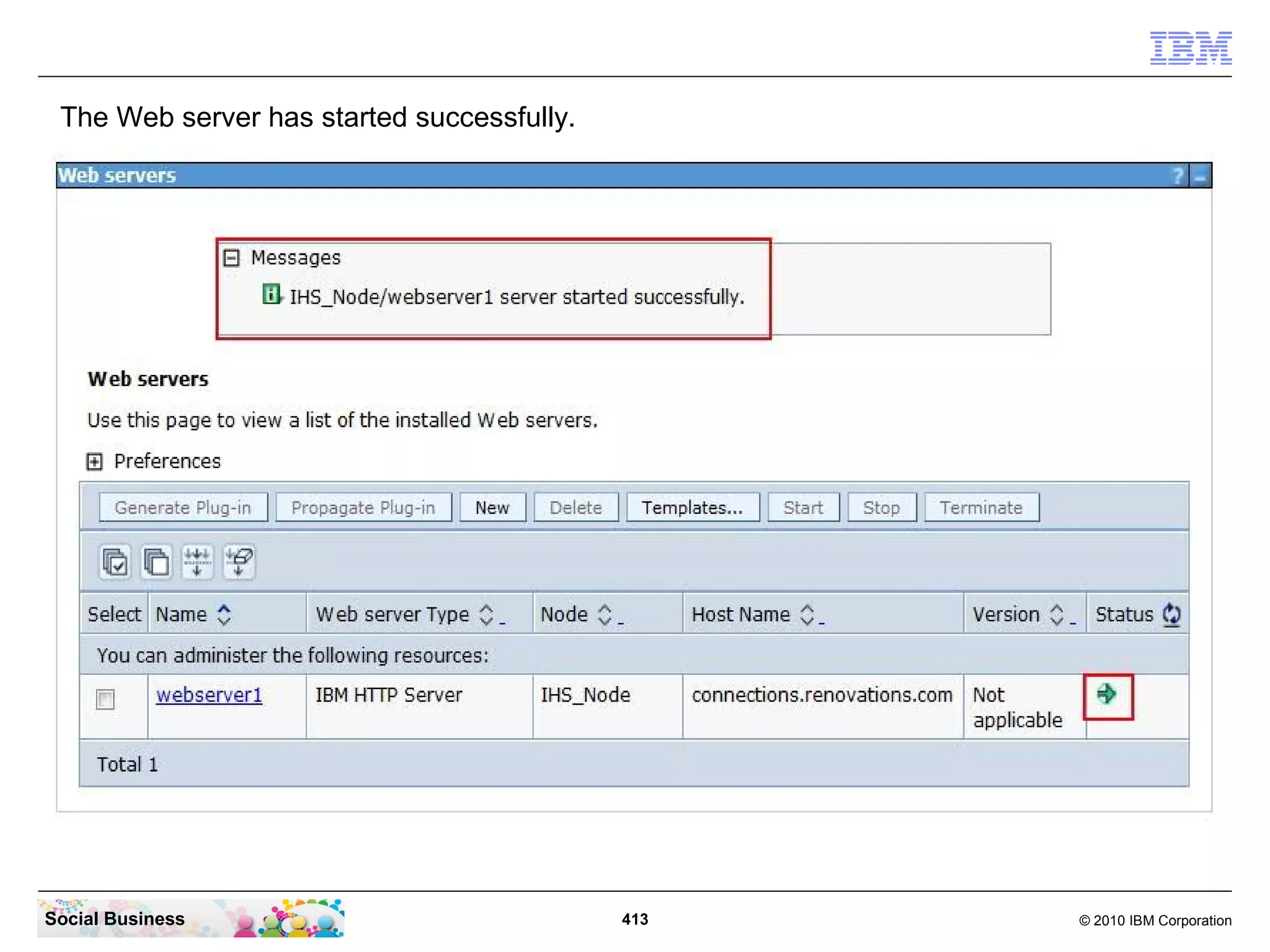 The Web server has started successfully.




Social Business                             413   © 2010 IBM Corporation
 