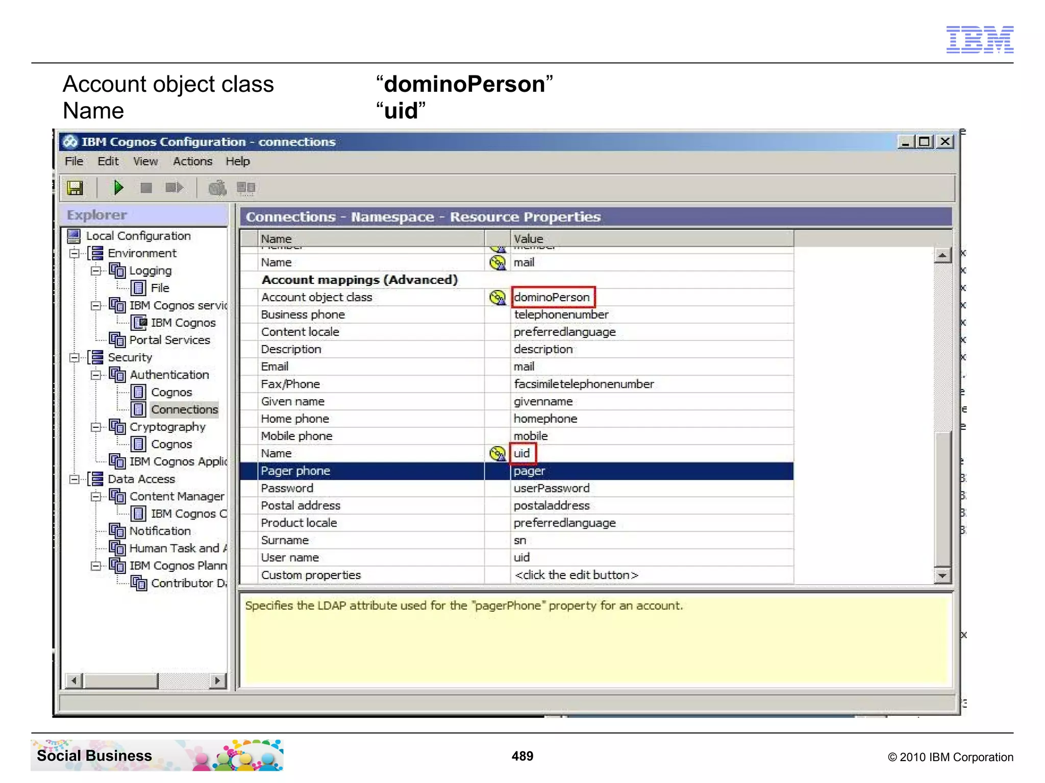 Account object class   “dominoPerson”
   Name                   “uid”




Social Business                     489    © 2010 IBM Corporation
 