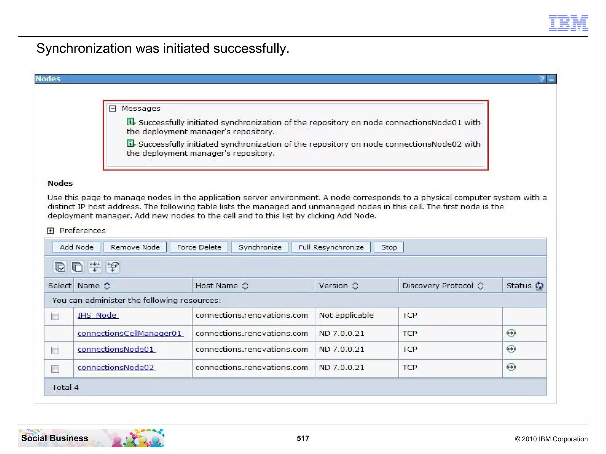 Synchronization was initiated successfully.




Social Business                                  517   © 2010 IBM Corporation
 