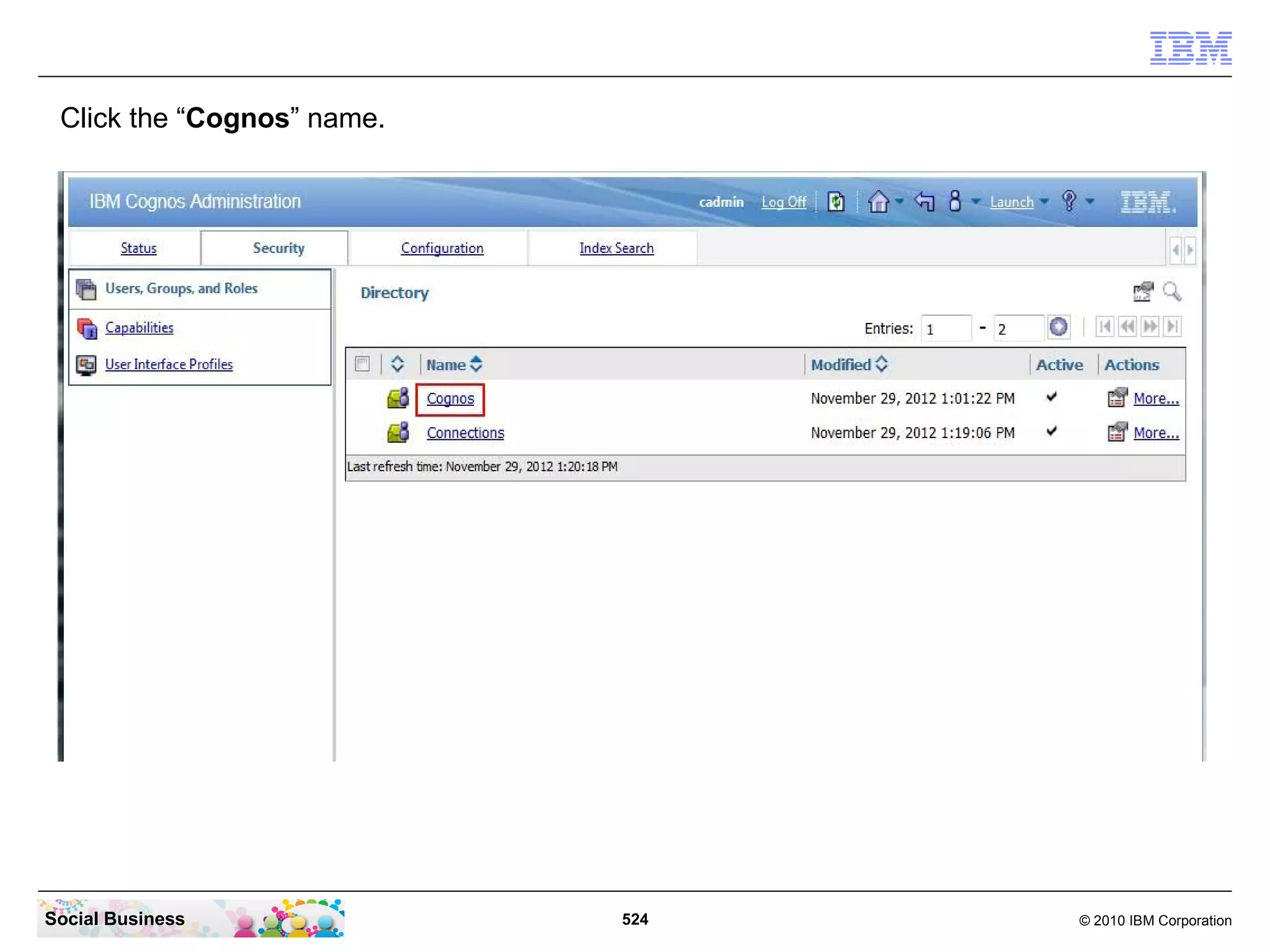 Click the “Cognos” name.




Social Business             524   © 2010 IBM Corporation
 