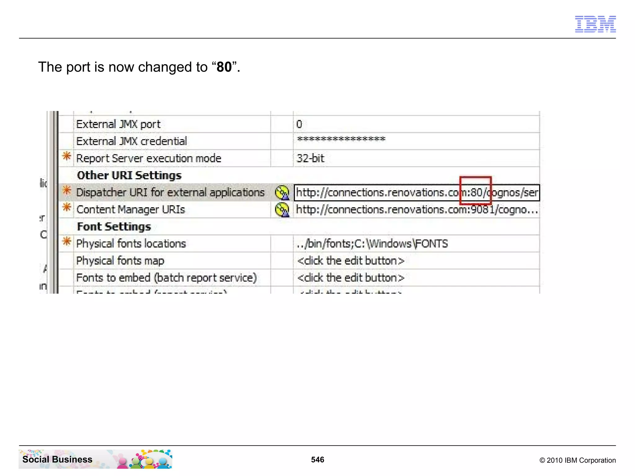 The port is now changed to “80”.




Social Business                       546   © 2010 IBM Corporation
 