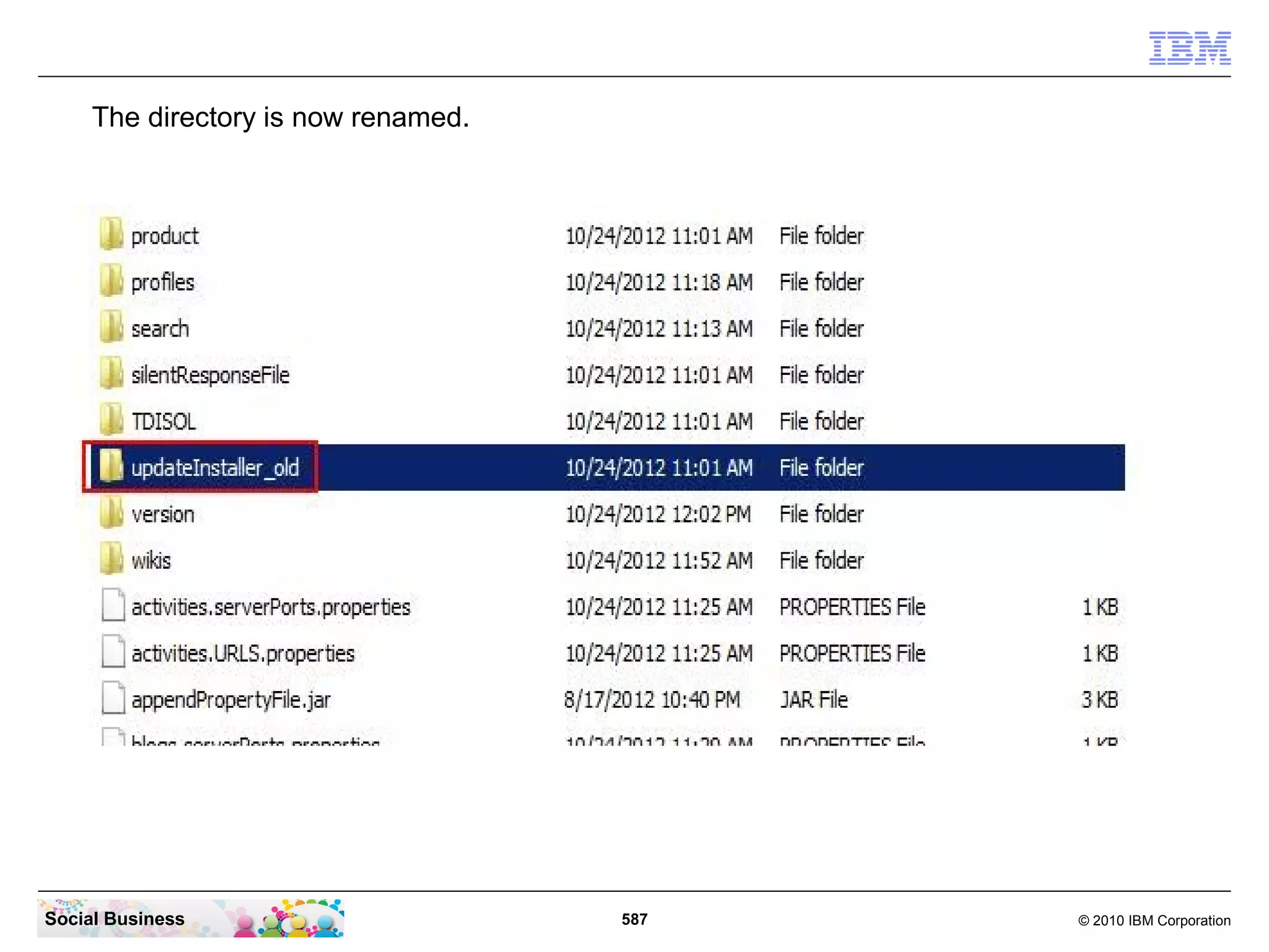 The directory is now renamed.




Social Business                      587   © 2010 IBM Corporation
 