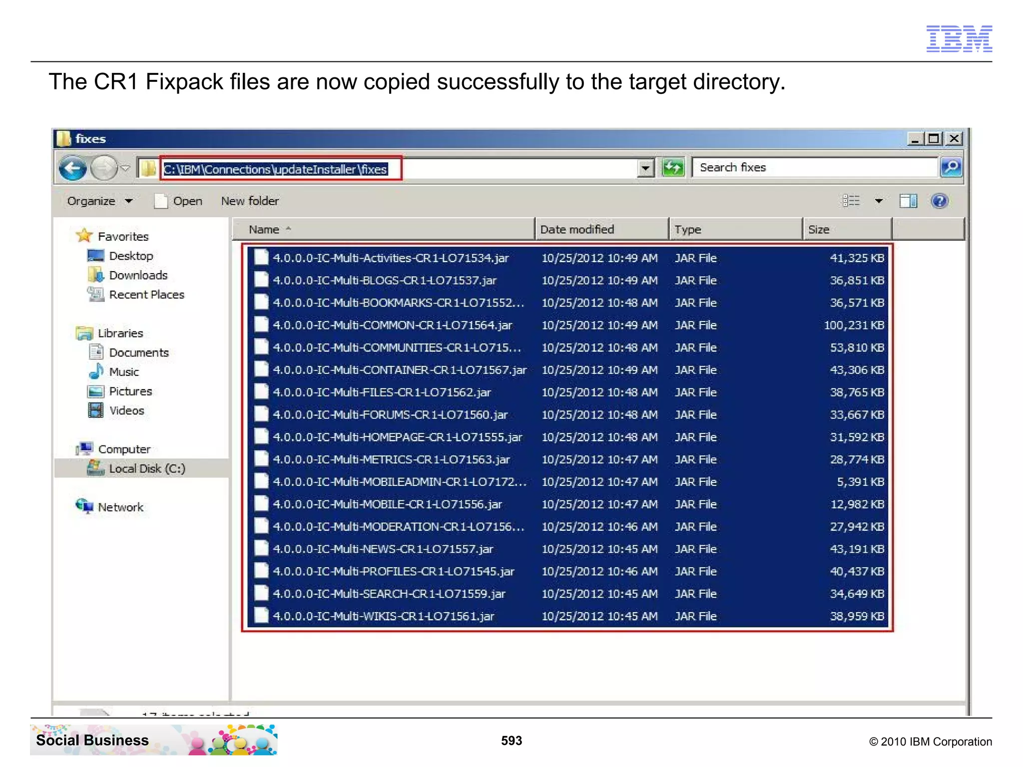 The CR1 Fixpack files are now copied successfully to the target directory.




Social Business                               593                             © 2010 IBM Corporation
 