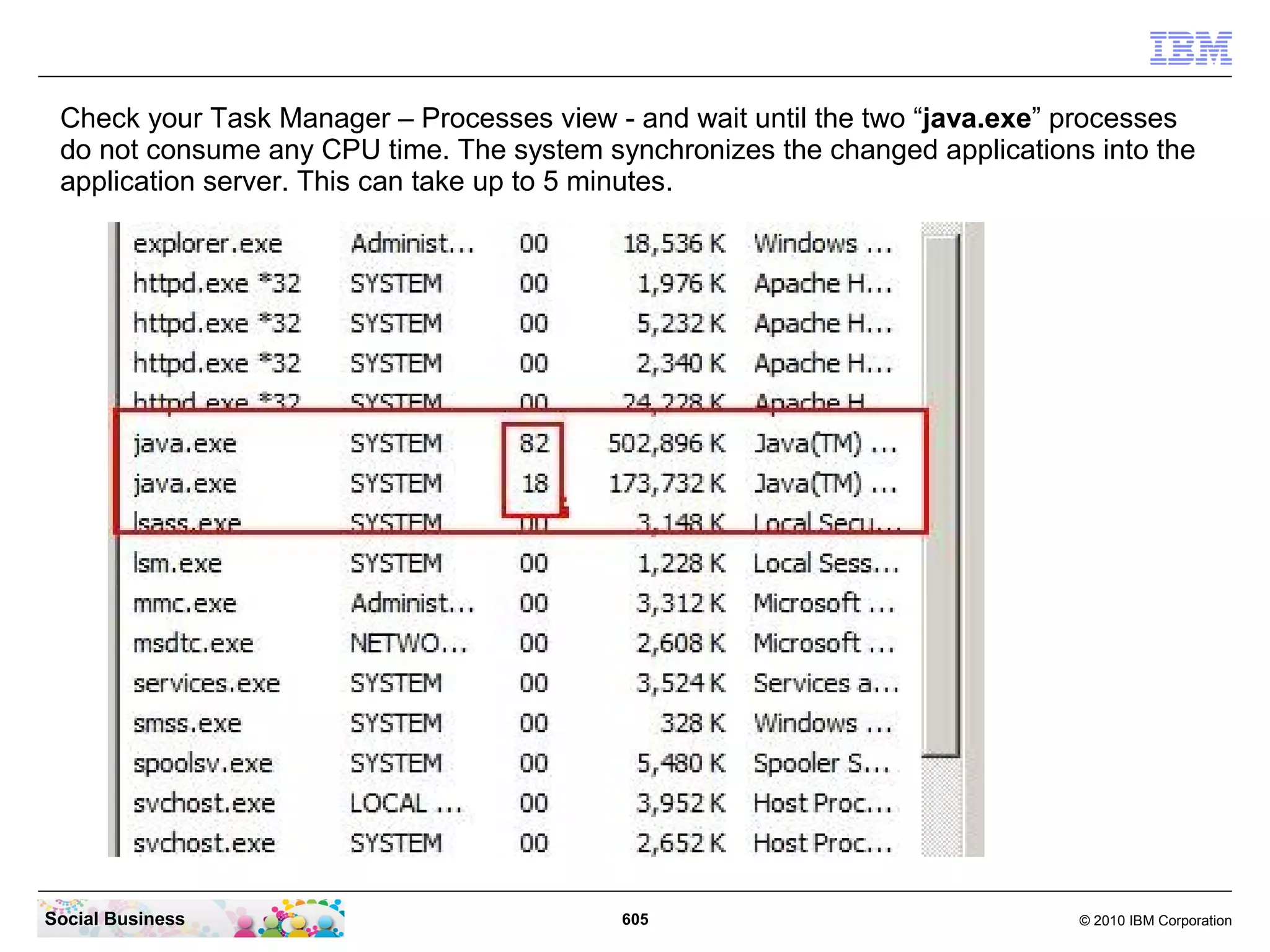 Navigate to the Fixes directory with the command “cd IBMIC4_Fixes”. Then run the
 command “db2 -tvf upgrade-40-40CR2.sql”.




Social Business                             605                                 © 2010 IBM Corporation
 