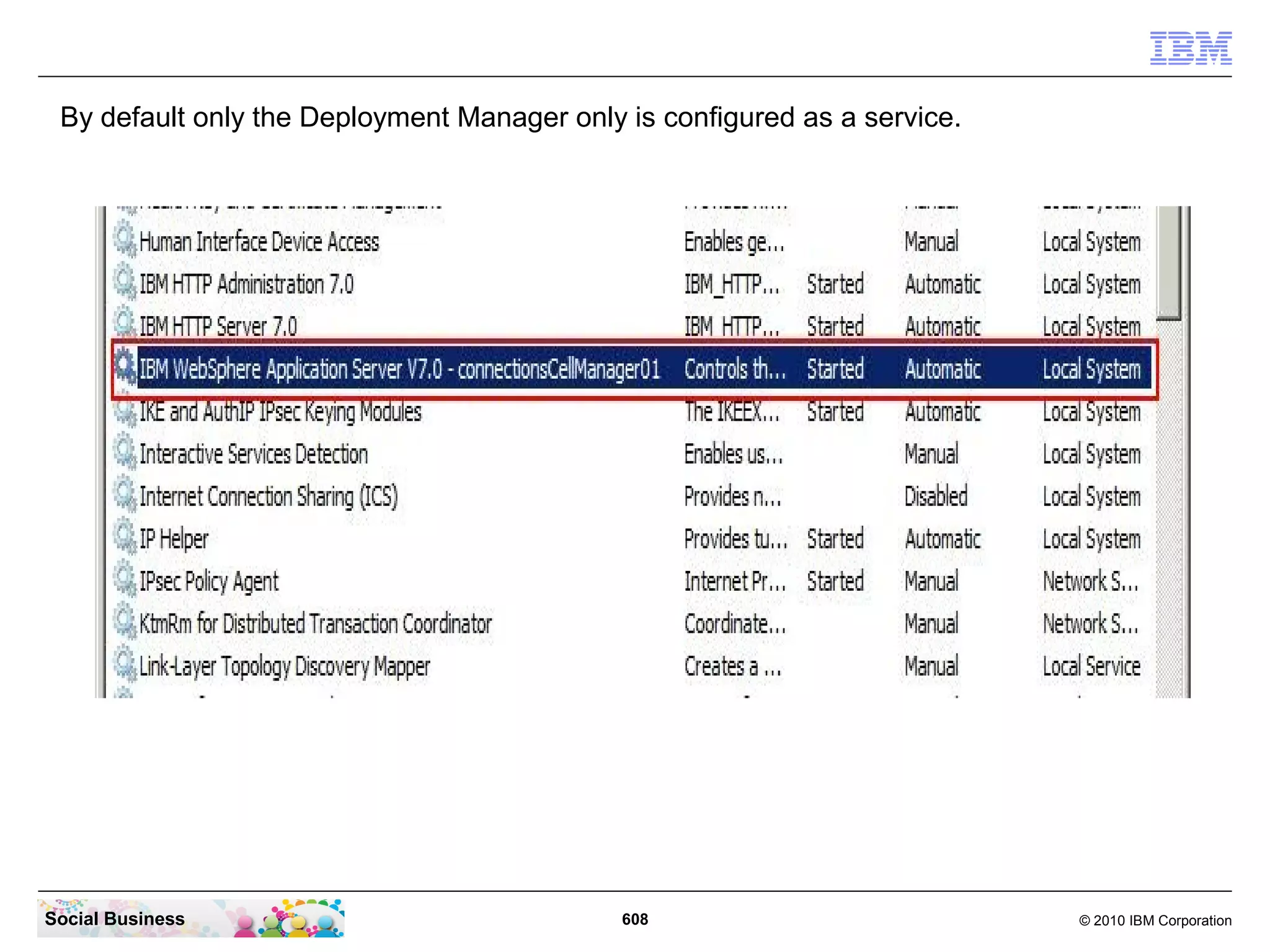 Check your Task Manager – Processes view - and wait until the two “java.exe” processes
 do not consume any CPU time. The system synchronizes the changed applications into the
 application server. This can take up to 5 minutes.




Social Business                            608                                © 2010 IBM Corporation
 