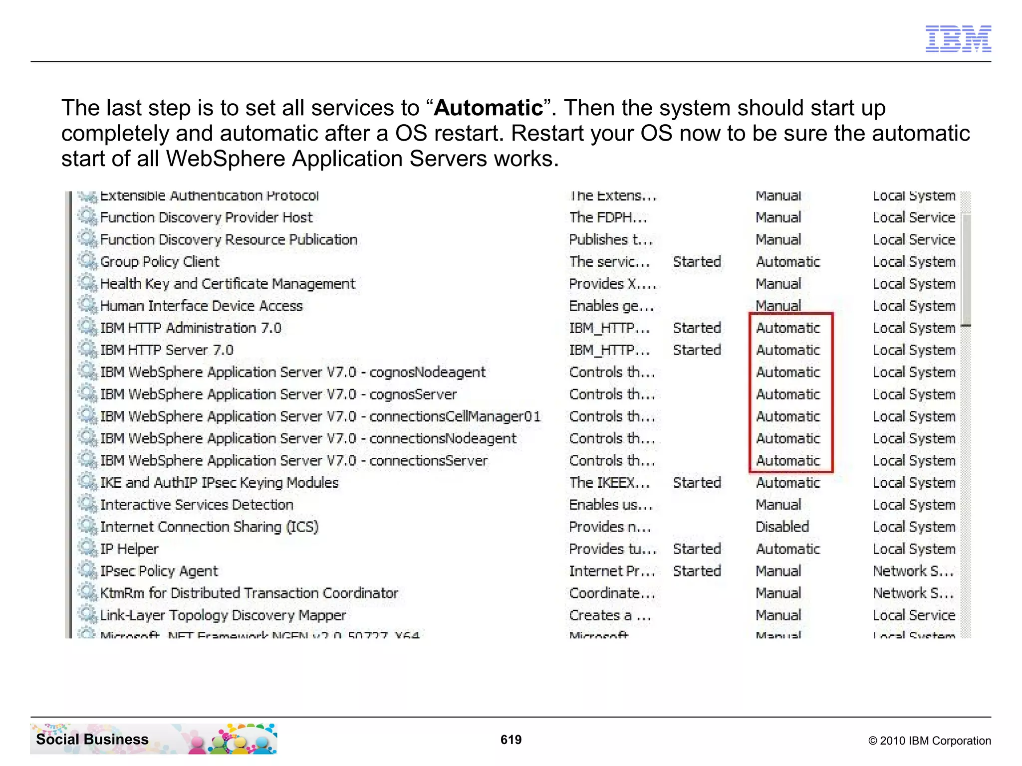 Four additional services are now created. Next step is to configure the dependencies.




Social Business                               619                                  © 2010 IBM Corporation
 