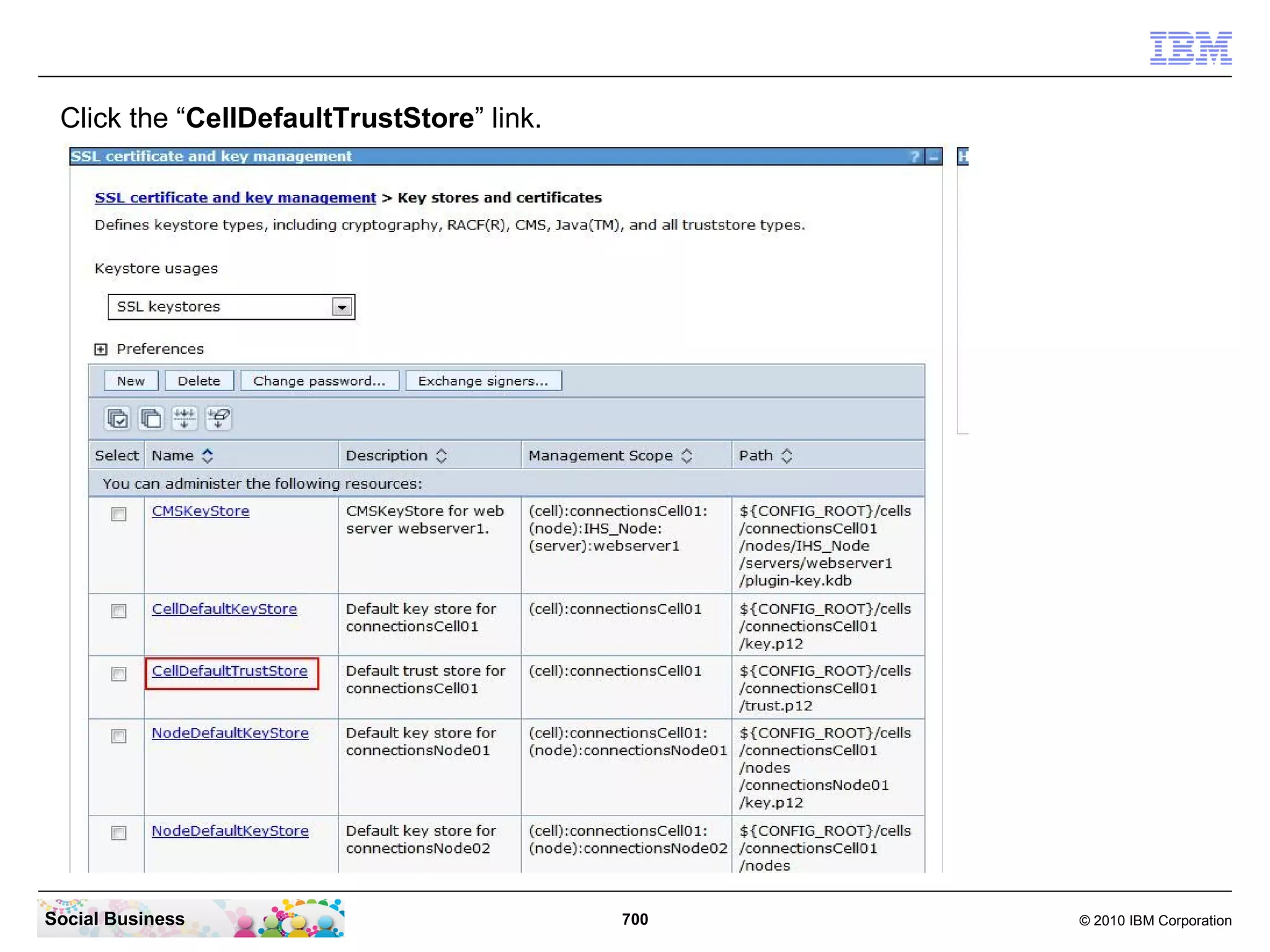 The “Full Resynchronize” action pushes the manually changed file from the Deployment
 Manager to the nodes.




Social Business                             700                                © 2010 IBM Corporation
 