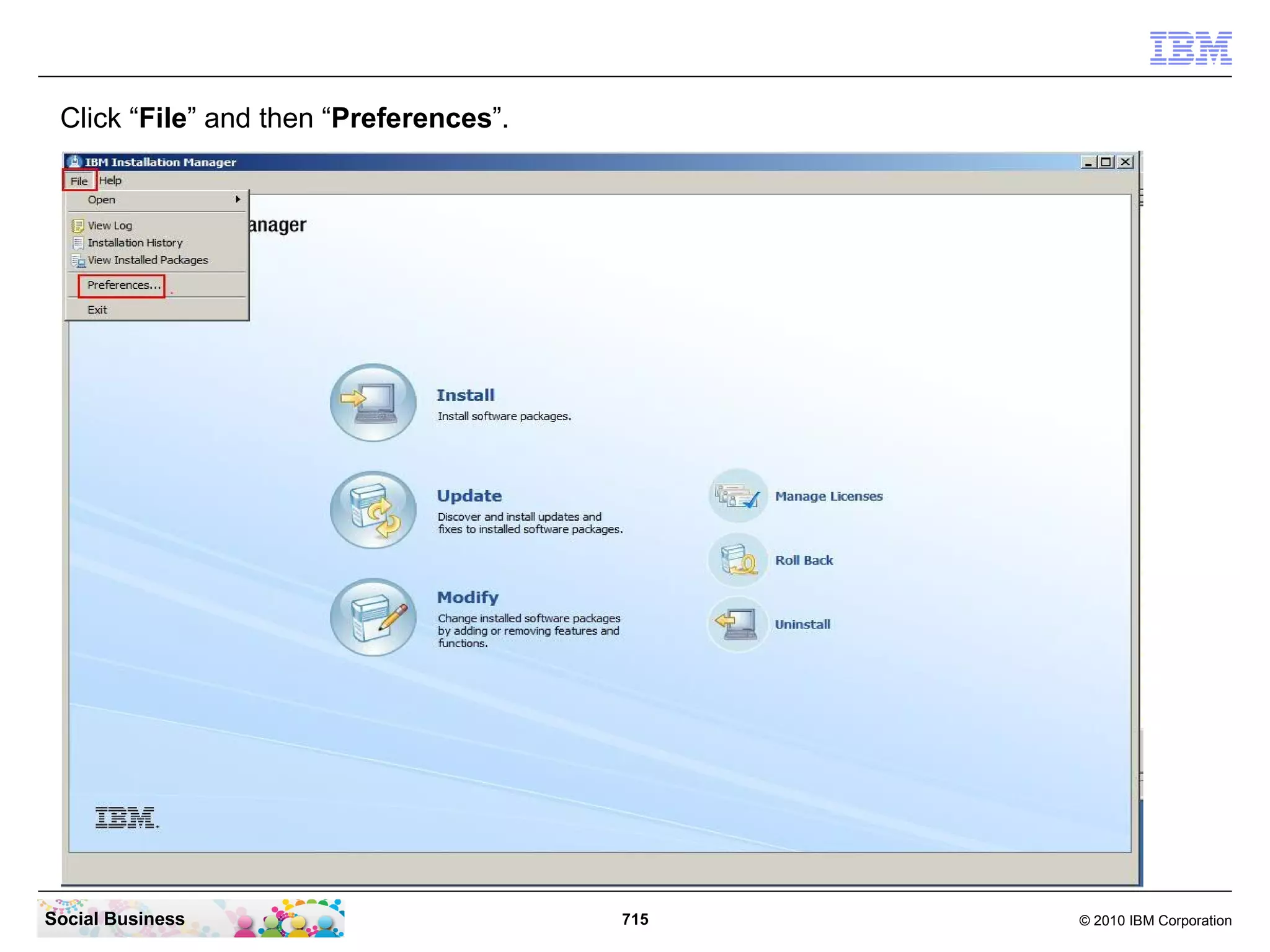 In the URL line enter the URL to the mail file of the user who is logged in. In this example
 we use: “https://chat.renovations.com/mail/sdaryn.nsf”.




Social Business                                715                                   © 2010 IBM Corporation
 