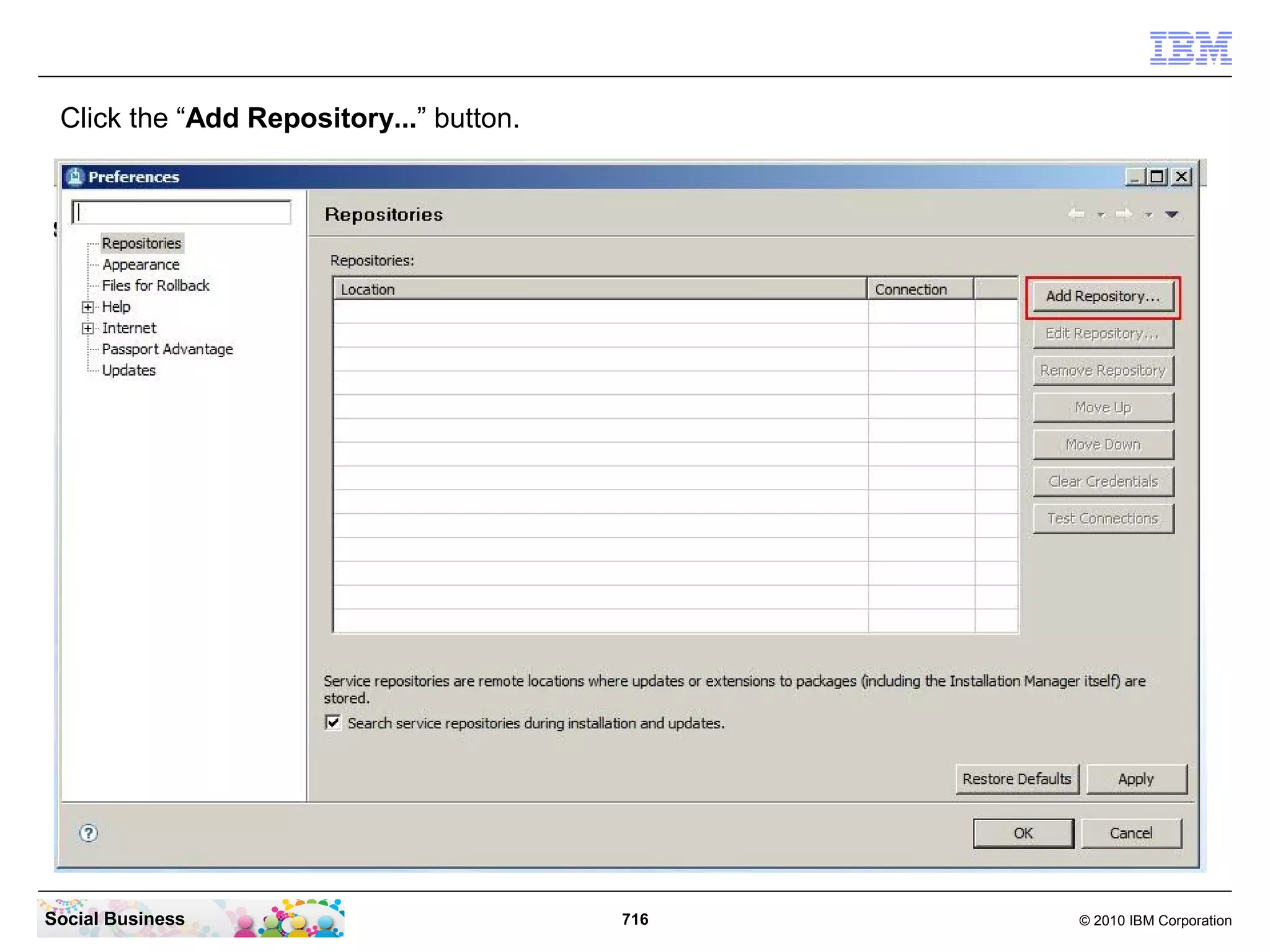 If the system does not ask you again to authenticate, then the SSO configuration was
 successful.




Social Business                              716                                 © 2010 IBM Corporation
 