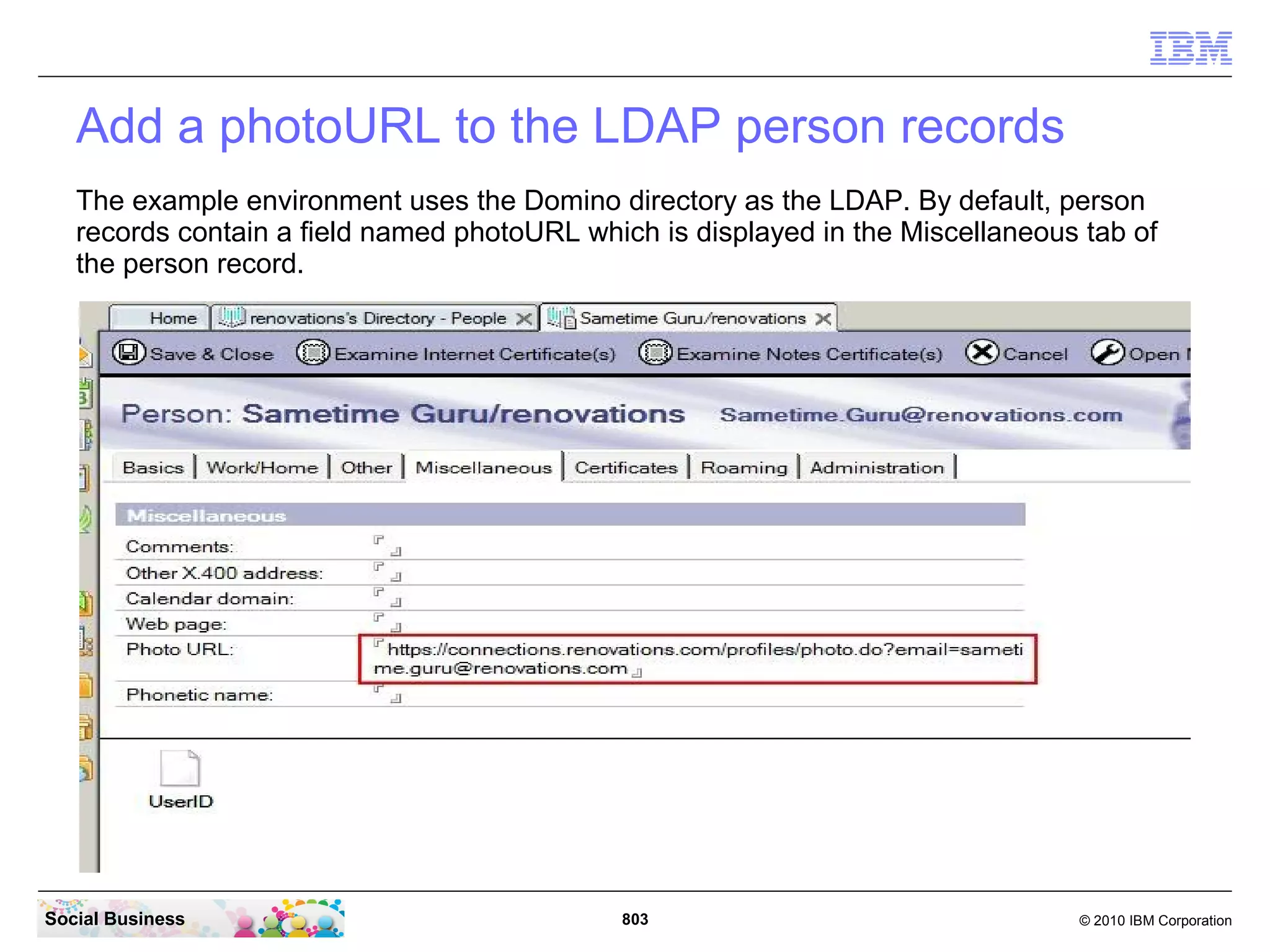 Save and close the LotusConnections-config.xml file. Then check in the file with the
 command: “LCConfigService.checkInConfig(“c:Install”,”connectionsCell01”)”
 Then enter the command “synchAllNodes()”
 To exit the wsadmin client just enter the command “exit”.




Social Business                             803                                 © 2010 IBM Corporation
 
