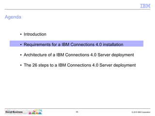 Agenda


            ●     Introduction

            ●     Requirements for a IBM Connections 4.0 installation

          ...